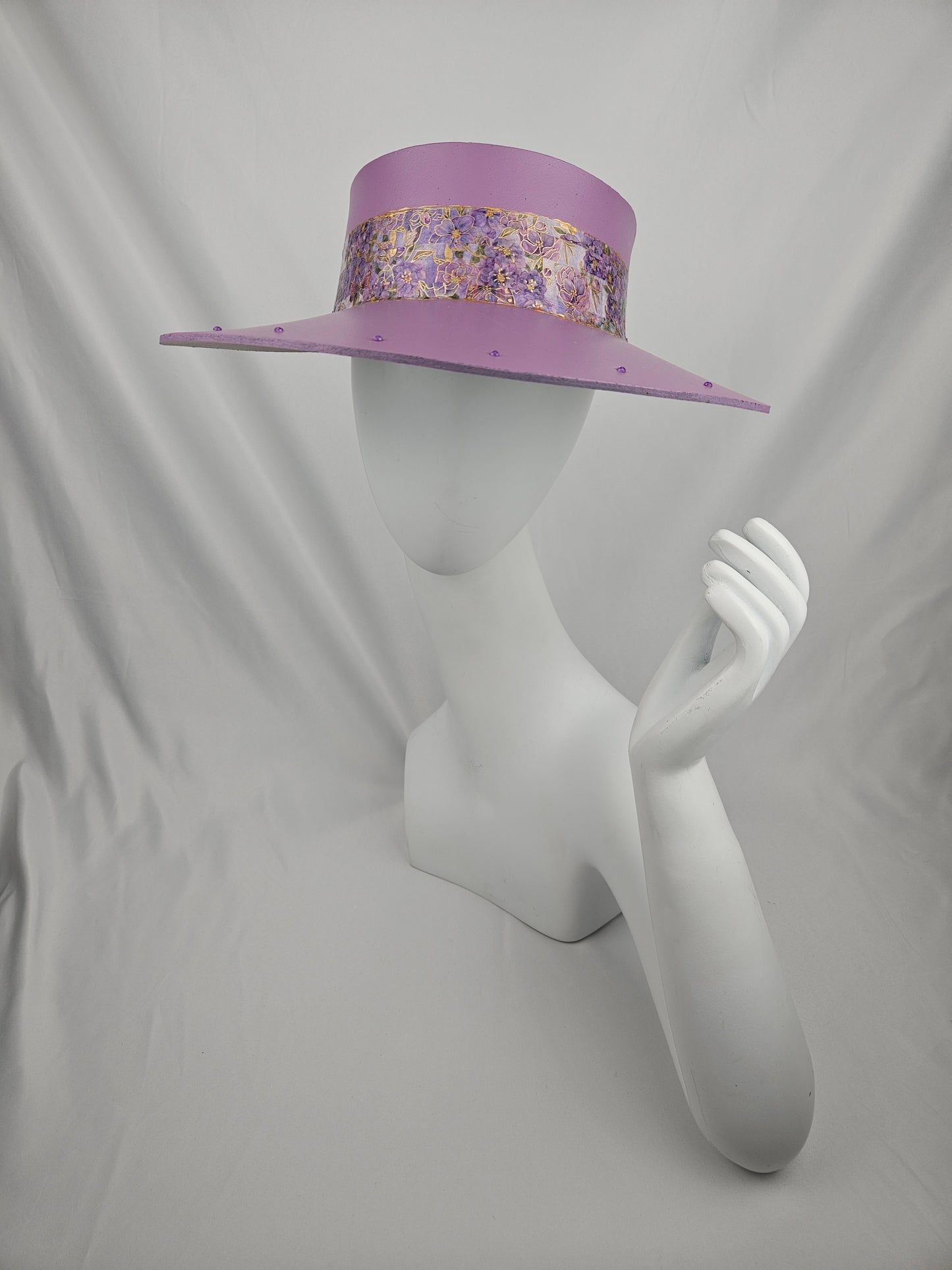 Tall Trending Purple Audrey Sun Visor Hat with Purple Floral Band and Rhinestone Border: 1950s, Walks, Brunch, Asian, Golf, Easter, Church, No Headache, Derby