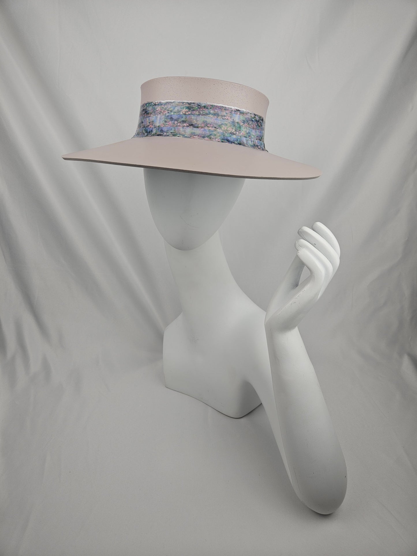 Soft Pink Audrey Foam Sun Visor Hat with Delicate Monet Style Band: 1940s, Walks, Brunch, Asian, Golf, Easter, Church, No Headache, Derby