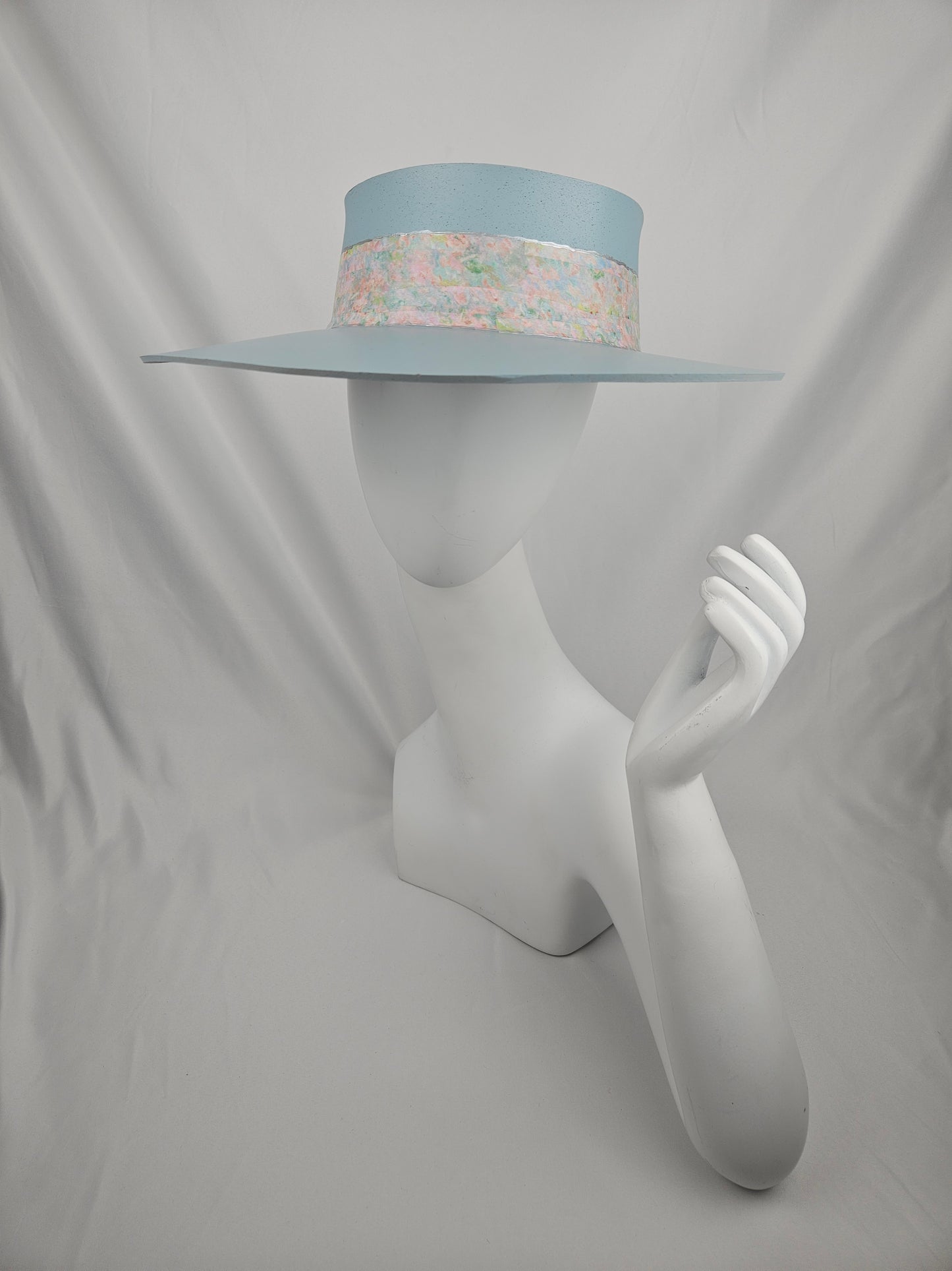 Tall Soft Blue Audrey Foam Sun Visor Hat with Pastel Floral Band: 1950s, Walks, Brunch, Asian, Golf, Easter, Church, No Headache, Derby