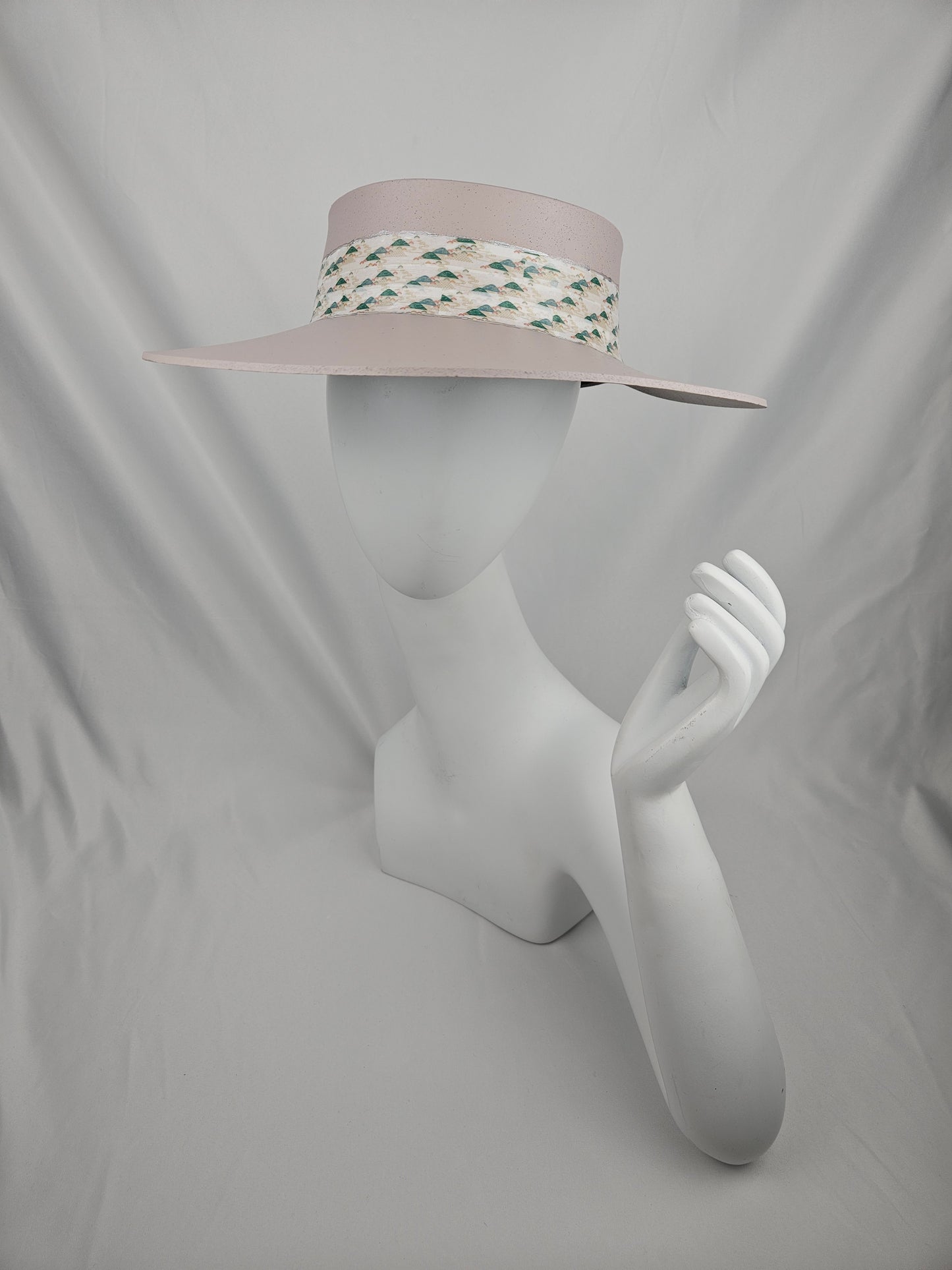 Soft Pink Audrey Foam Sun Visor Hat with Green Printed Band: 1950s, Walks, Brunch, Asian, Golf, Easter, Church, No Headache, Derby