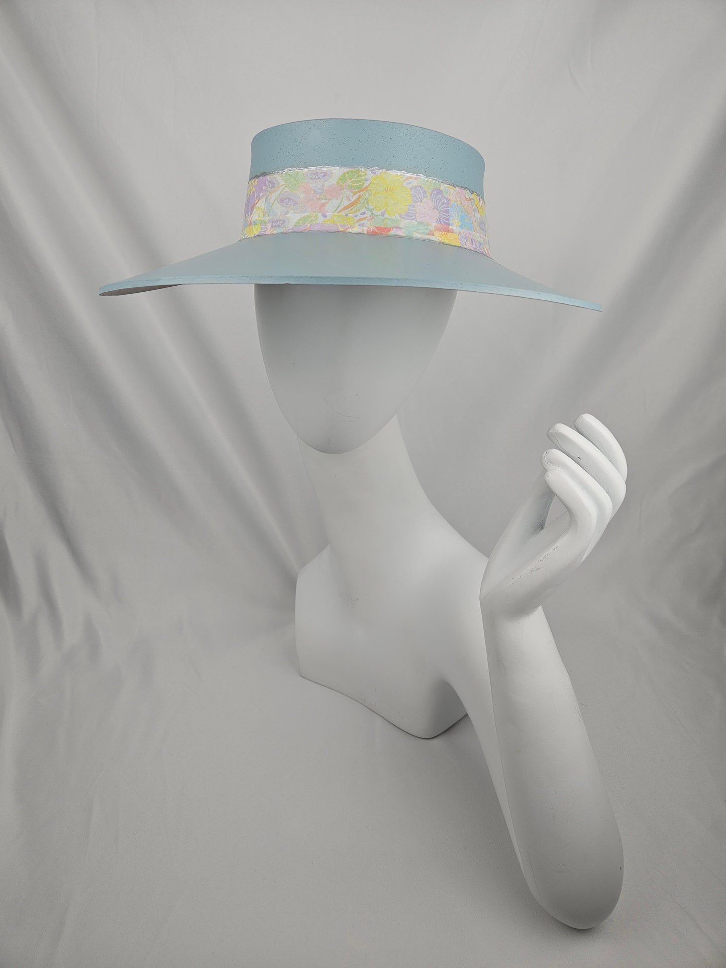 Tall Soft Blue Audrey Foam Sun Visor Hat with Bright Pastel Floral Band: 1950s, Walks, Brunch, Asian, Golf, Easter, Church, No Headache, Derby