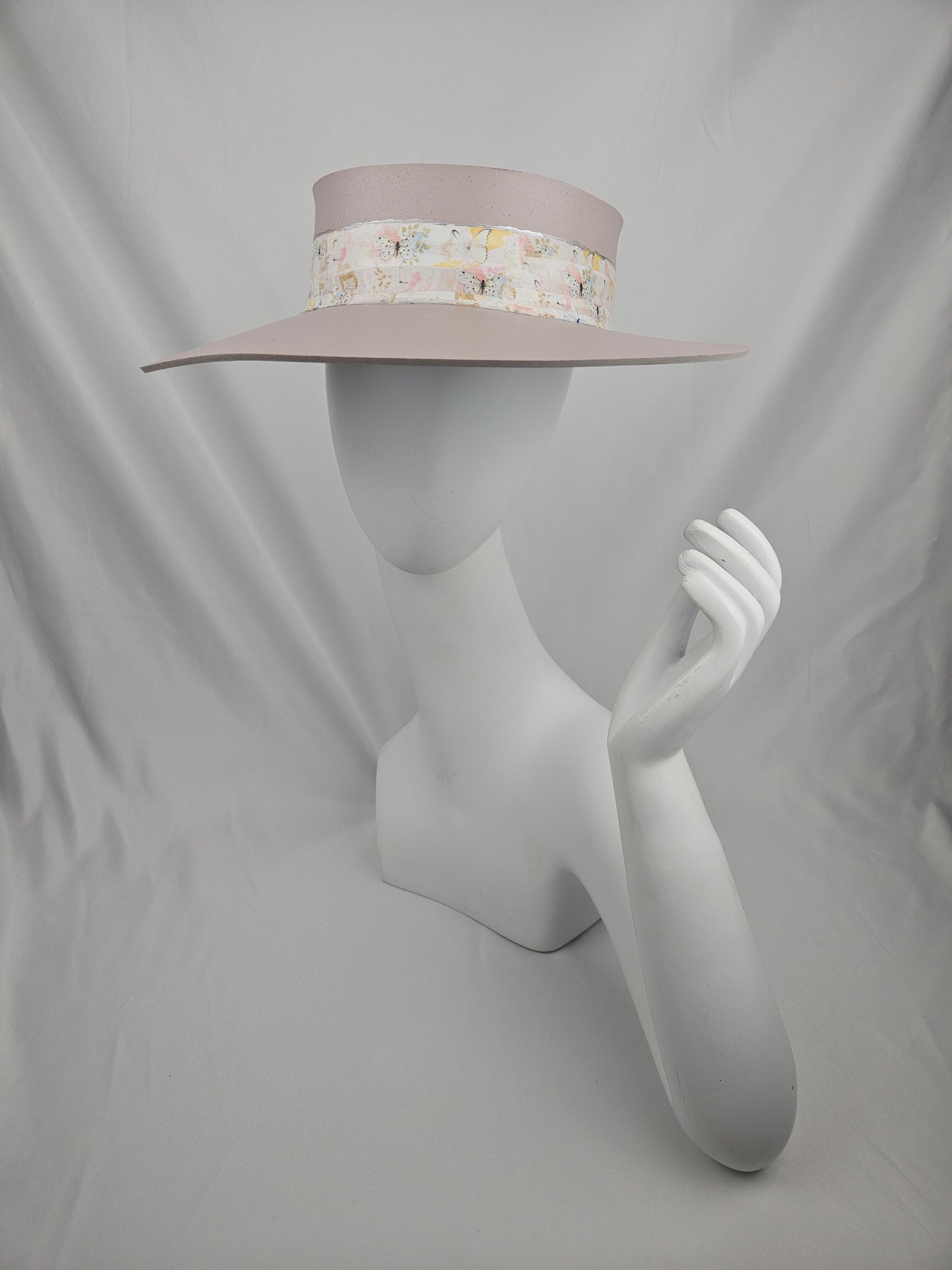 Soft Pink Audrey Foam Sun Visor Hat with Pastel Floral and Butterfly Band: 1950s, Walks, Brunch, Asian, Golf, Easter, Church, No Headache, Derby