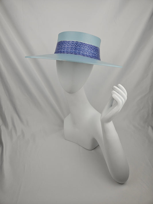 Soft Blue Audrey Foam Sun Visor Hat with Dark Blue Geometric Band: 1950s, Walks, Brunch, Asian, Golf, Easter, Church, No Headache, Derby
