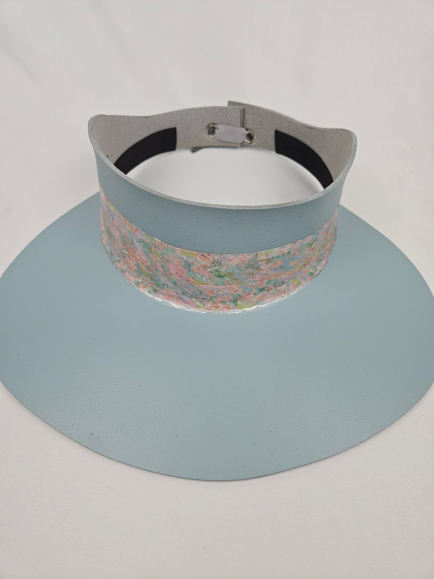 Tall Soft Blue Audrey Foam Sun Visor Hat with Pastel Floral Band: 1950s, Walks, Brunch, Asian, Golf, Easter, Church, No Headache, Derby