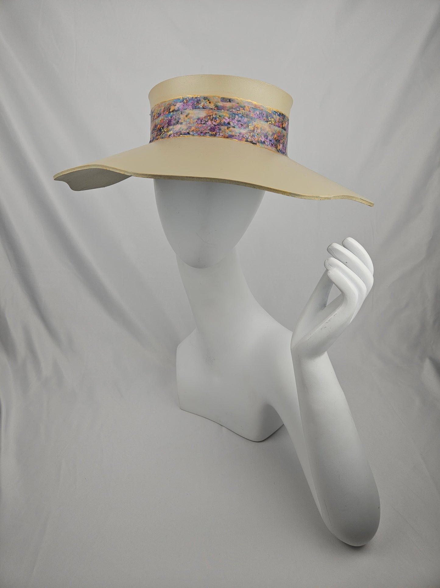 Beautiful Beige Lotus Foam Sun Visor Hat with Multi-Color Monet Style Band: 1950s, Walks, Brunch, Asian, Golf, Easter, Church, No Headache, Derby