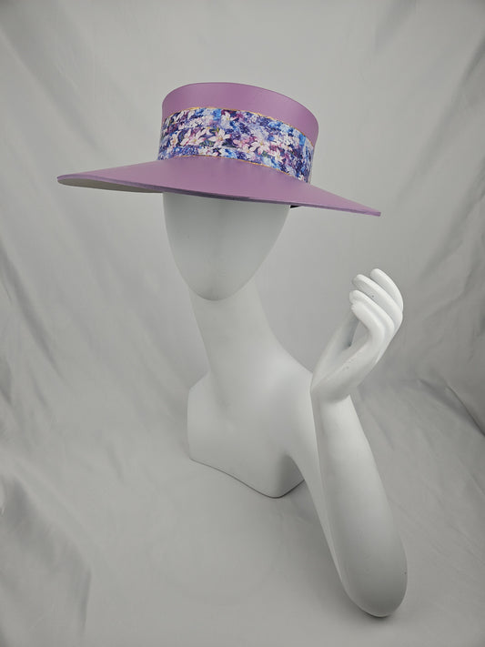 Tall Trending Purple Audrey Foam Sun Visor Hat with Bold Floral Band: 1950s, Walks, Brunch, Asian, Golf, Easter, Church, No Headache, Derby