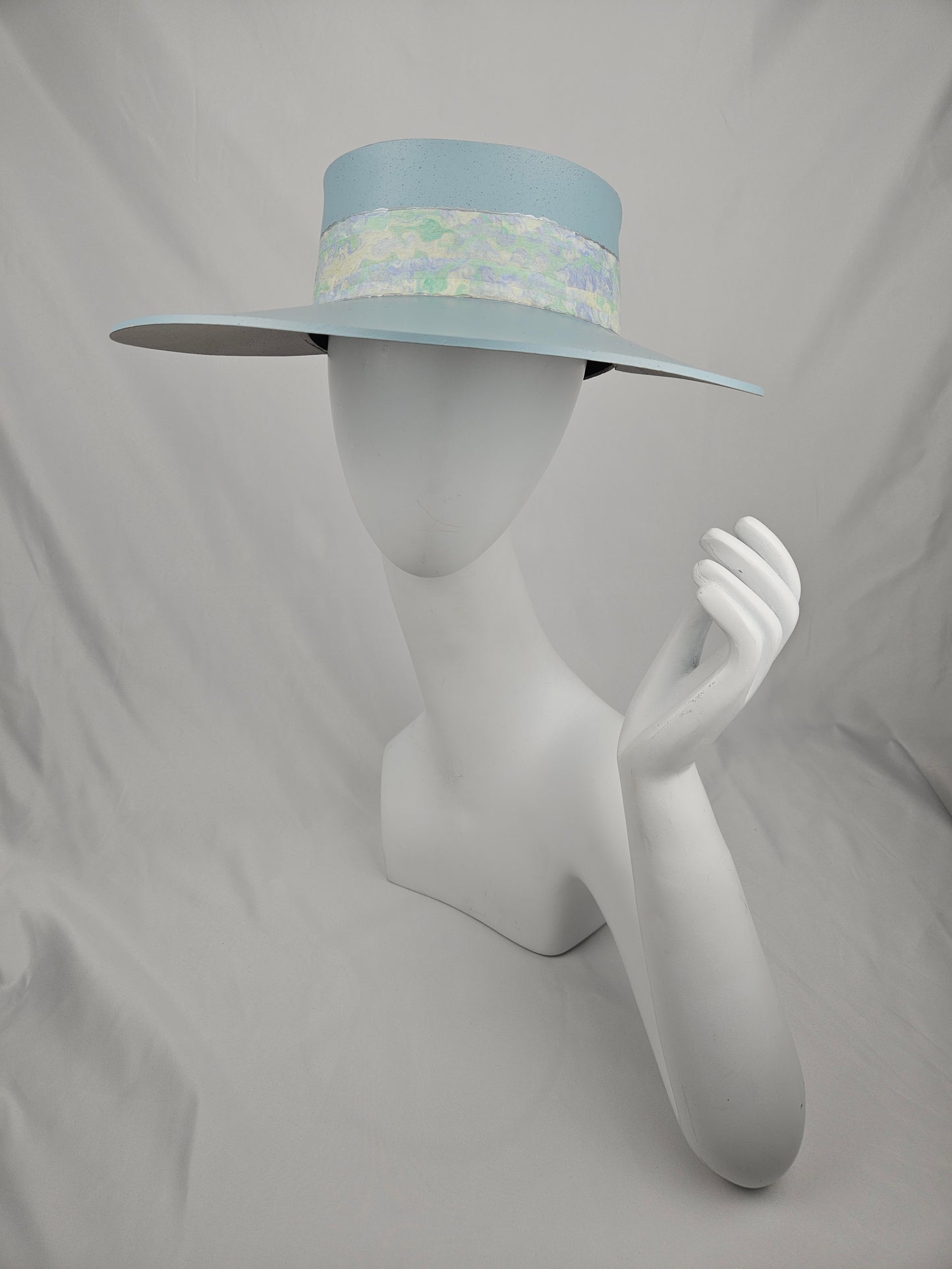 Tall Soft Blue Audrey Foam Sun Visor Hat with Pastel Green Light Blue Band: 1950s, Walks, Brunch, Asian, Golf, Easter, Church, No Headache, Derby