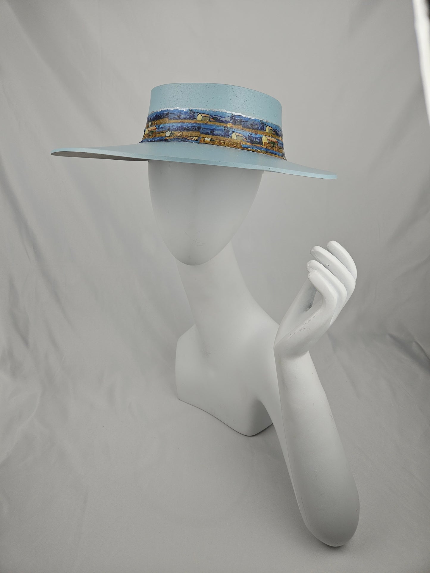 Soft Blue Audrey Sun Visor Hat with Monet Style Blue Band: 1950s, Walks, Brunch, Asian, Golf, Easter, Church, No Headache, Derby