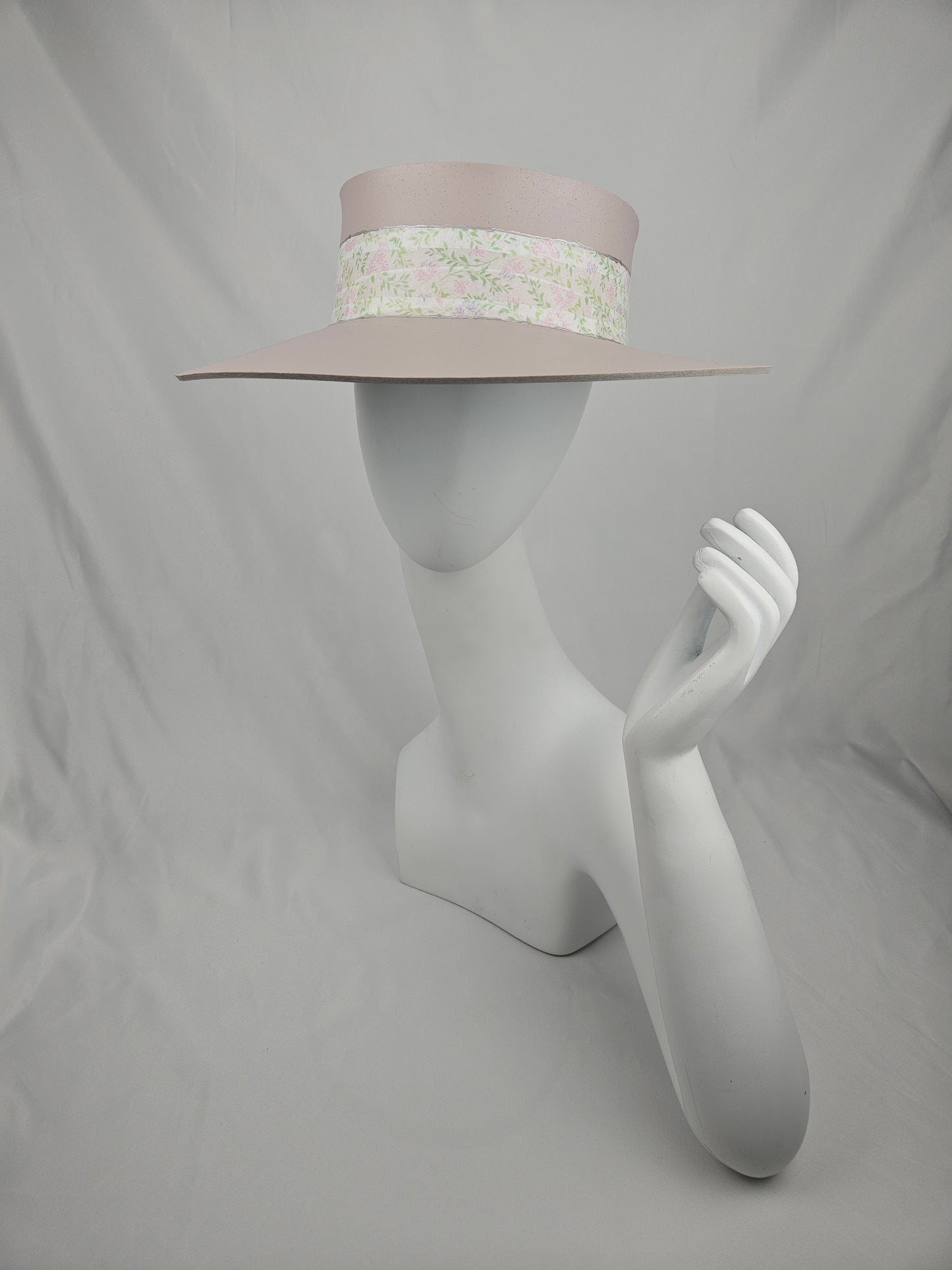 Tall Soft Pink Audrey Sun Visor Hat with Pastel Floral Band: 1950s, Walks, Brunch, Asian, Golf, Easter, Church, No Headache, Derby
