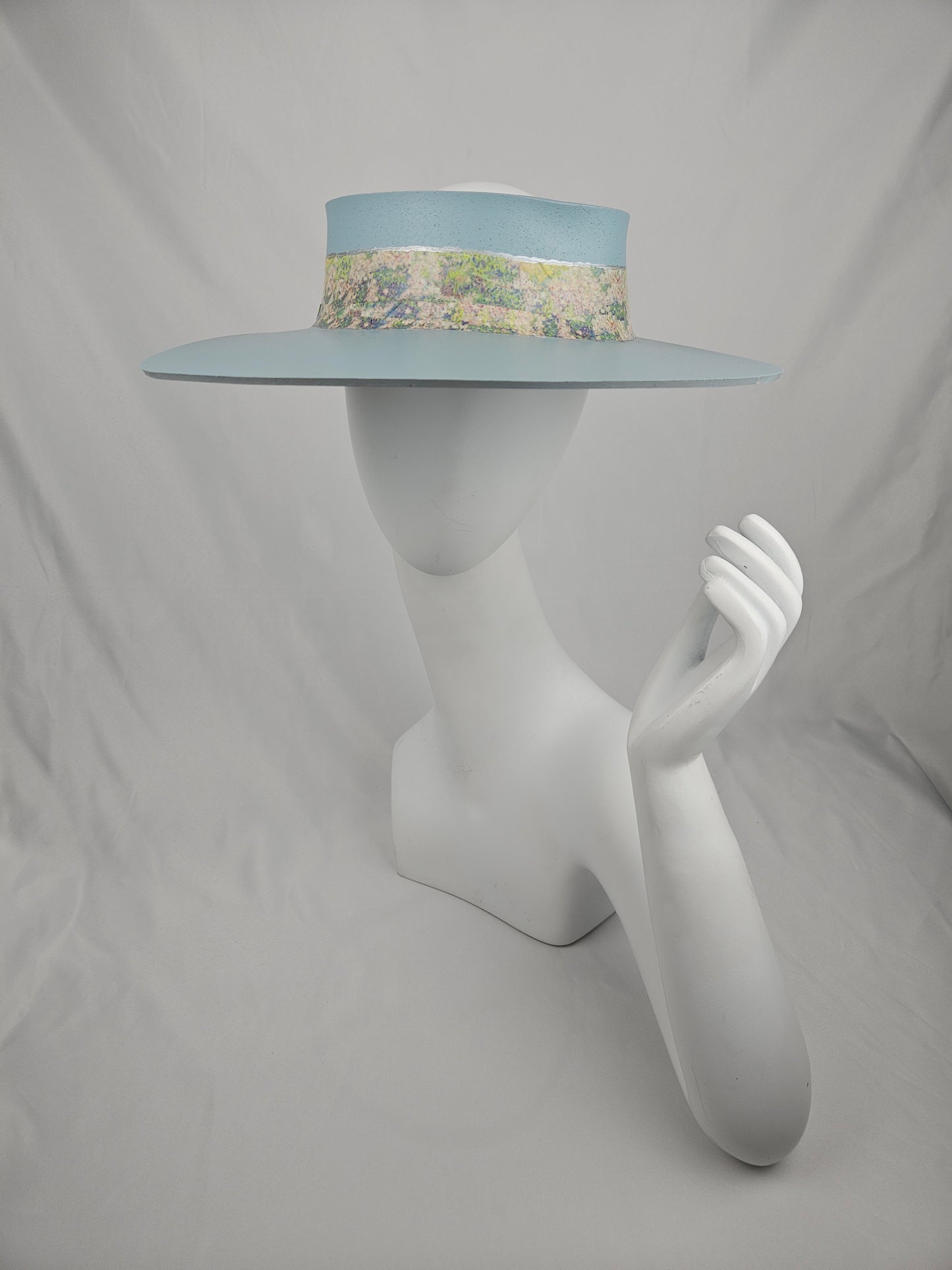 Soft Blue Audrey Sun Visor Hat with Monet Style Floral Band: 1950s, Walks, Brunch, Asian, Golf, Easter, Church, No Headache, Derby