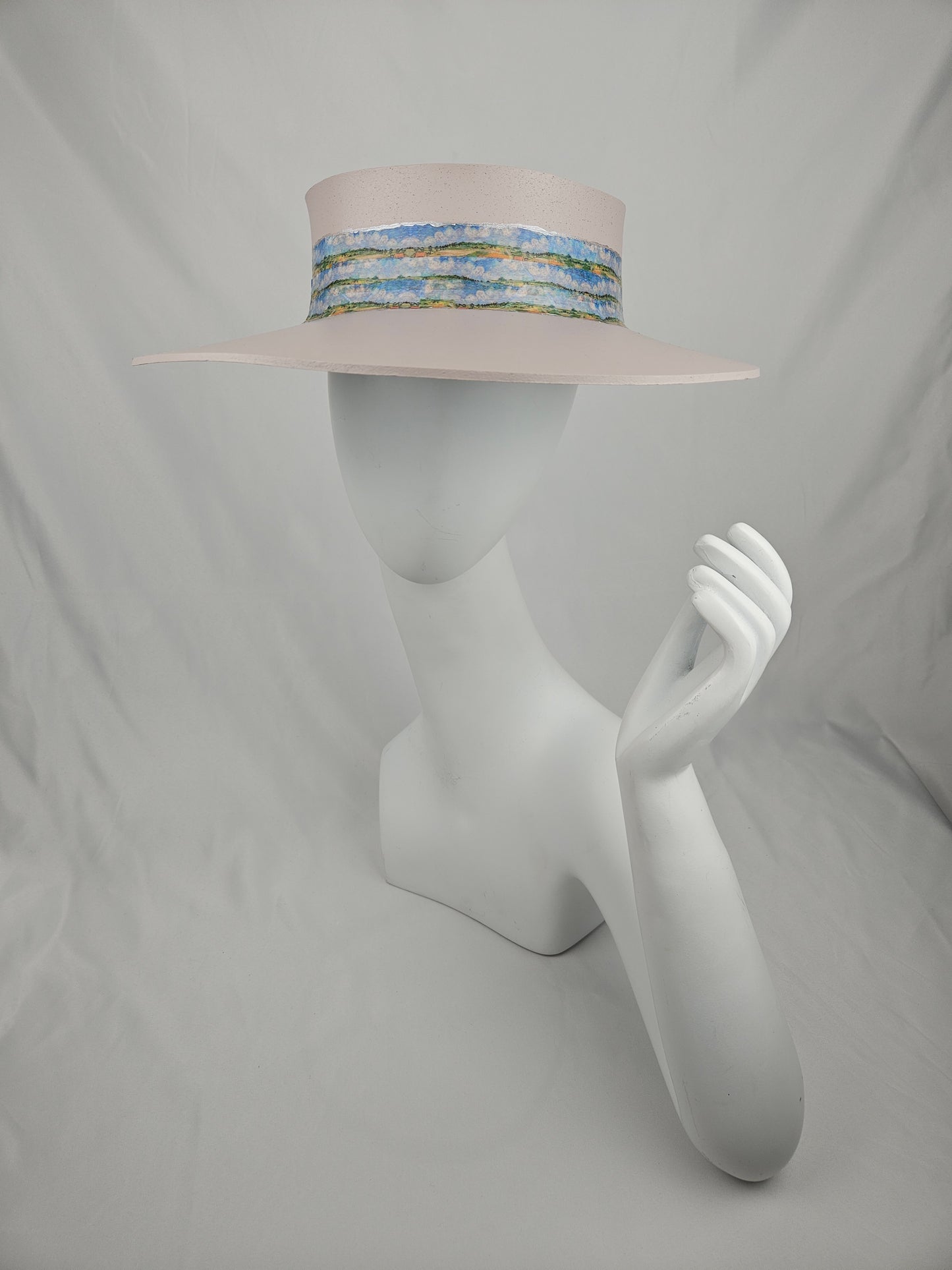 Soft Pink Audrey Sun Visor Hat with Monet Style Band: 1950s, Walks, Brunch, Asian, Golf, Easter, Church, No Headache, Derby