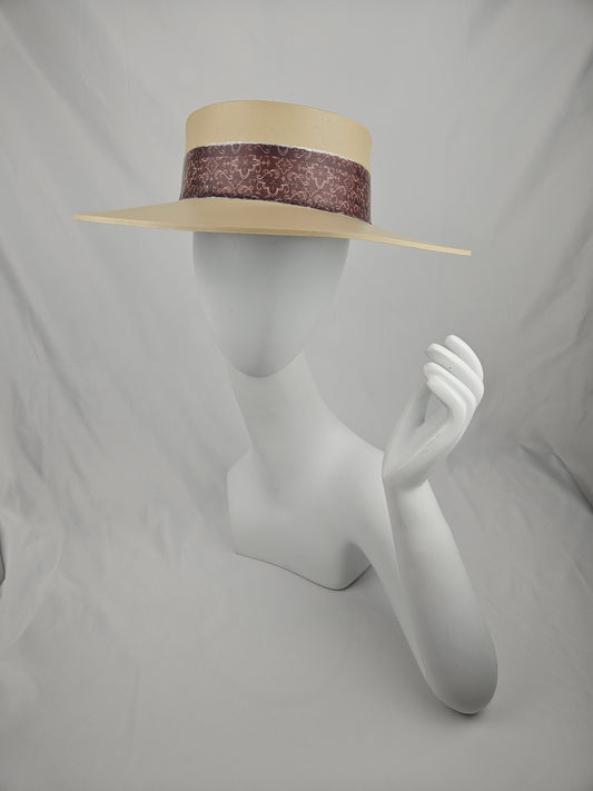 Tall Beautiful Beige Audrey Foam Sun Visor Hat with Elegant Geometric Burgundy Band: 1950s, Walks, Brunch, Asian, Golf, Easter, Church, No Headache, Derby