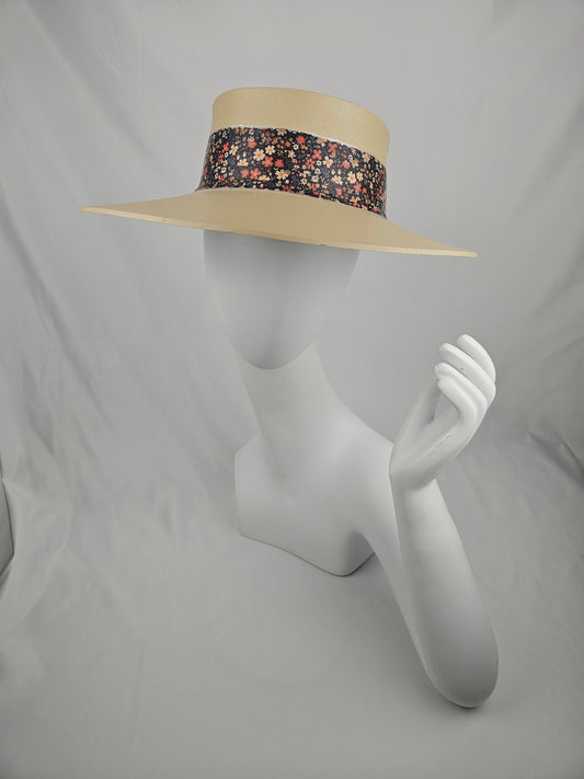 Tall Beautiful Beige Audrey Foam Sun Visor Hat with Black Multicolored Floral Band: 1940s, Walks, Brunch, Tea, Golf, Easter, Church, No Headache, Derby