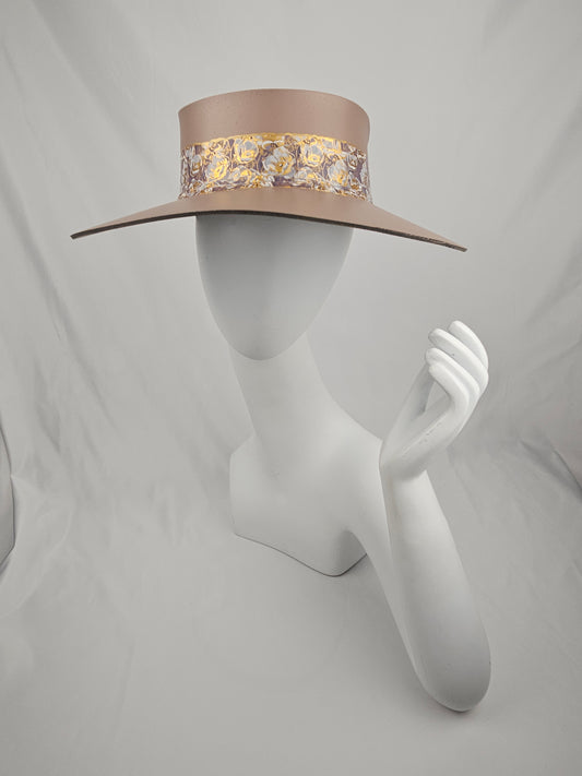 Tall Rich Brown Audrey Foam Sun Visor Hat with Golden Floral Band: 1940s, Walks, Brunch, Tea, Golf, Easter, Church, No Headache, Derby