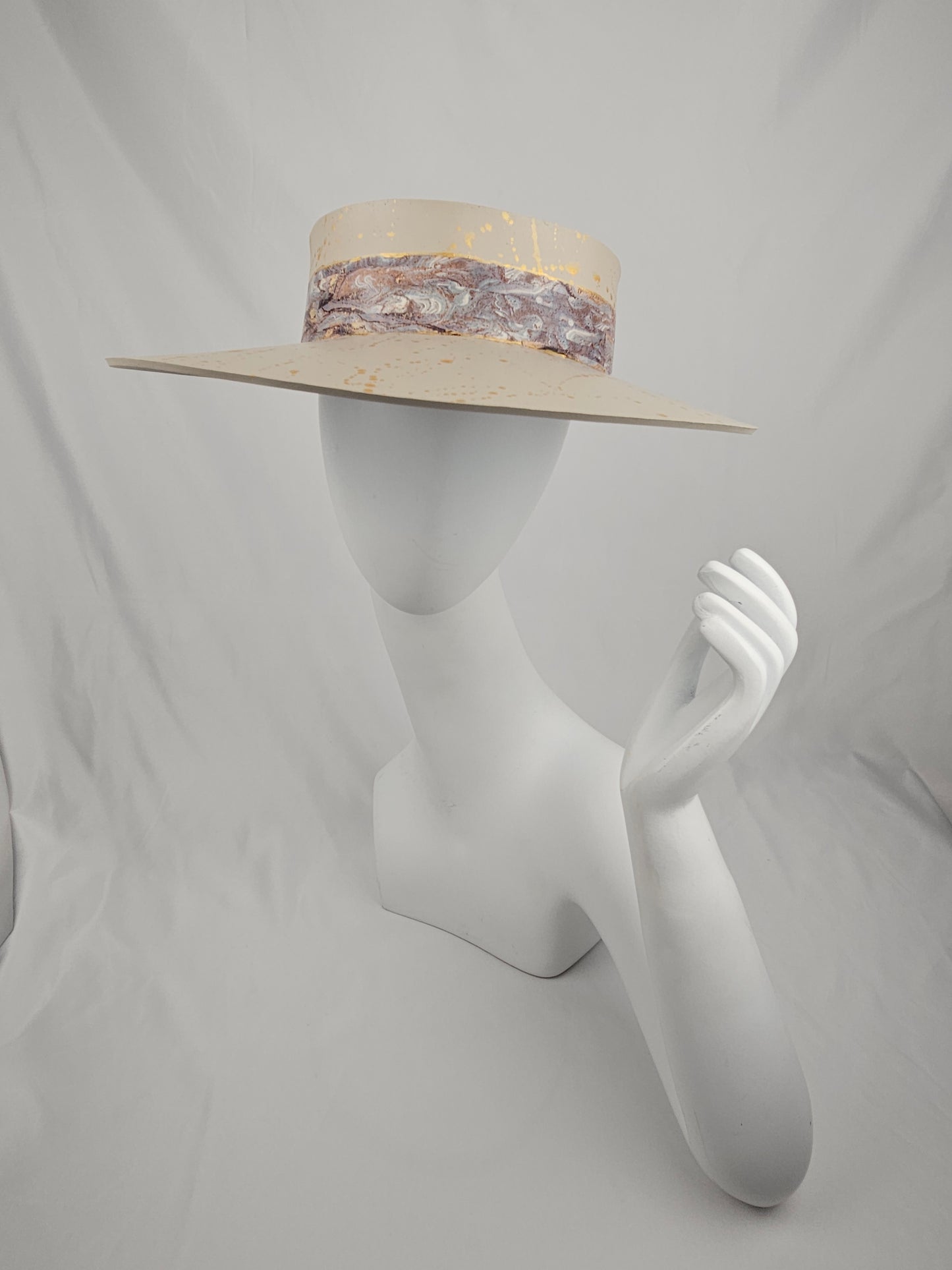 Truly Taupe Audrey Foam Sun Visor Hat with Marbled Grey Band and Gold Splatter Effect: 1940s, Walks, Brunch, Tea, Golf, Easter, Church, No Headache, Derby