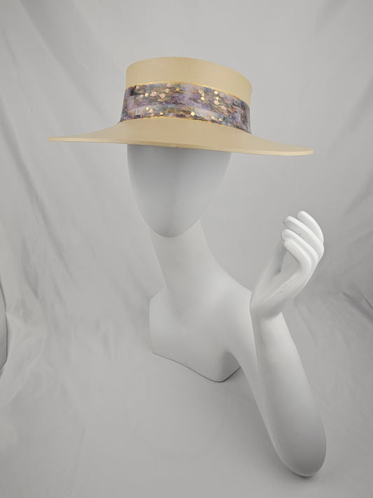 Beautiful Beige Audrey Foam Sun Visor Hat with Elegant Lavender Monet Style Band: 1940s, Walks, Brunch, Tea, Golf, Swim, Church, No Headache, Derby