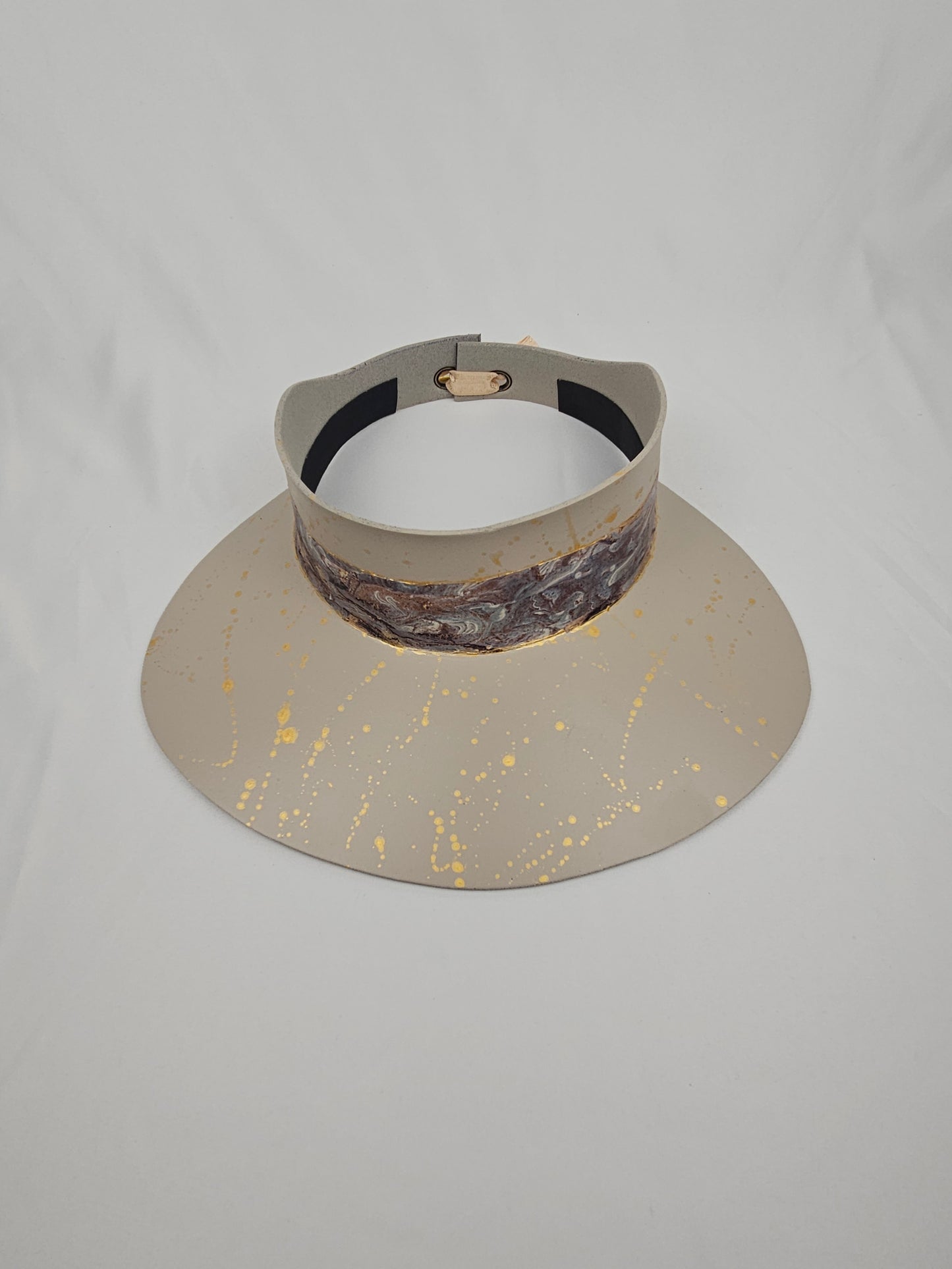 Truly Taupe Audrey Foam Sun Visor Hat with Marbled Grey Band and Gold Splatter Effect: 1940s, Walks, Brunch, Tea, Golf, Easter, Church, No Headache, Derby