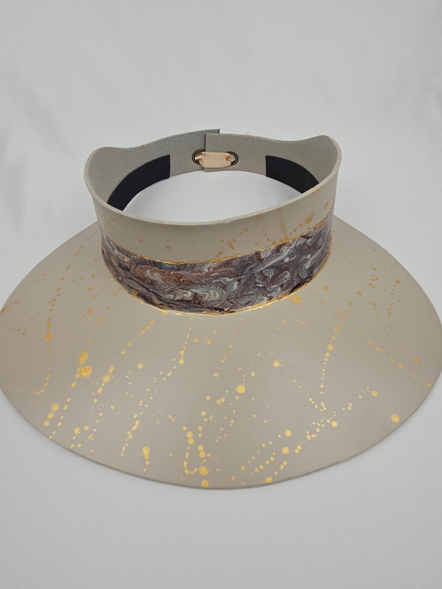 Truly Taupe Audrey Foam Sun Visor Hat with Marbled Grey Band and Gold Splatter Effect: 1940s, Walks, Brunch, Tea, Golf, Easter, Church, No Headache, Derby