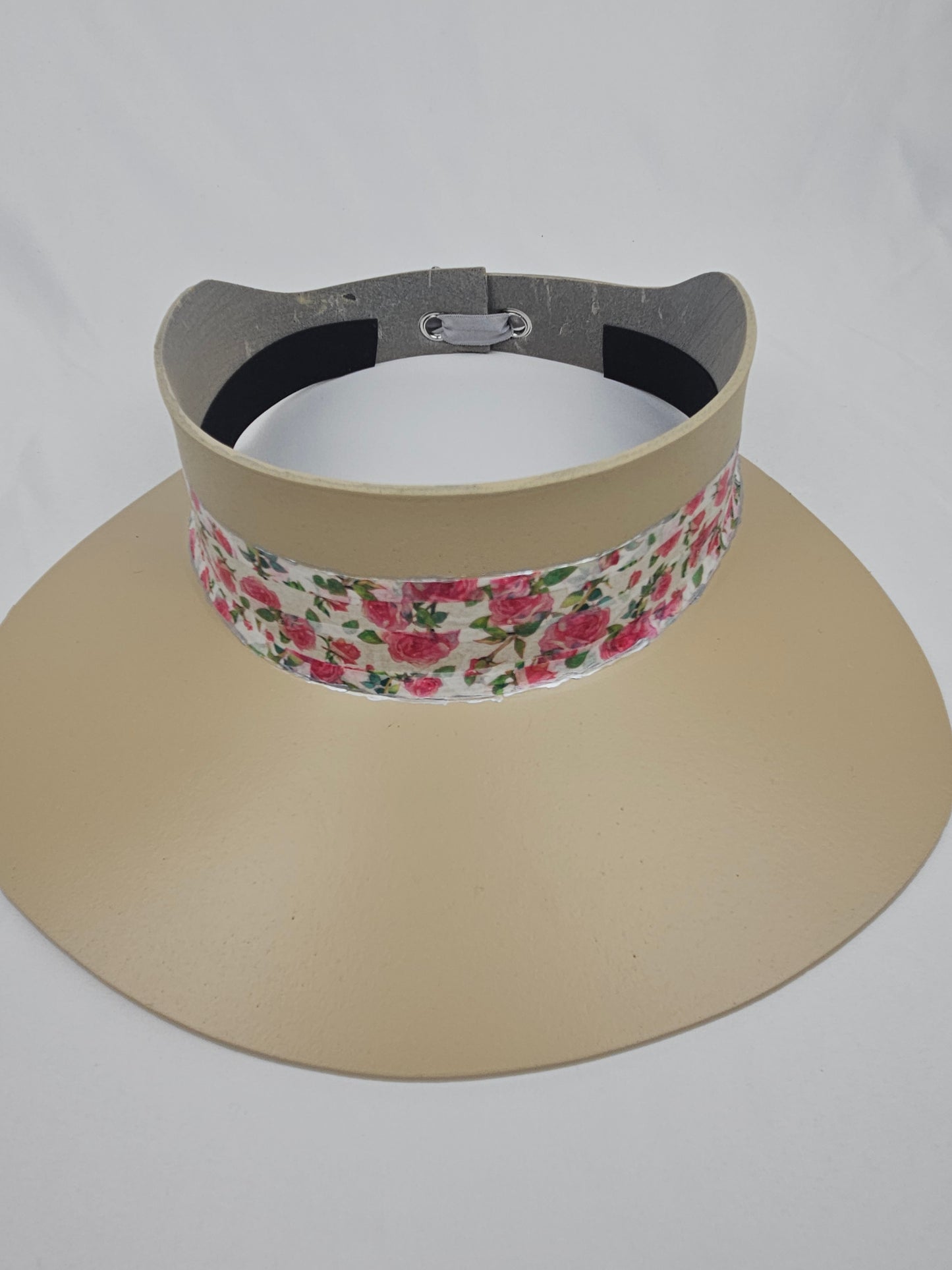 Beautiful Beige Audrey Foam Sun Visor Hat with Bright Pink Floral Band: 1940s, Walks, Brunch, Asian, Golf, Summer, Church, No Headache, Derby