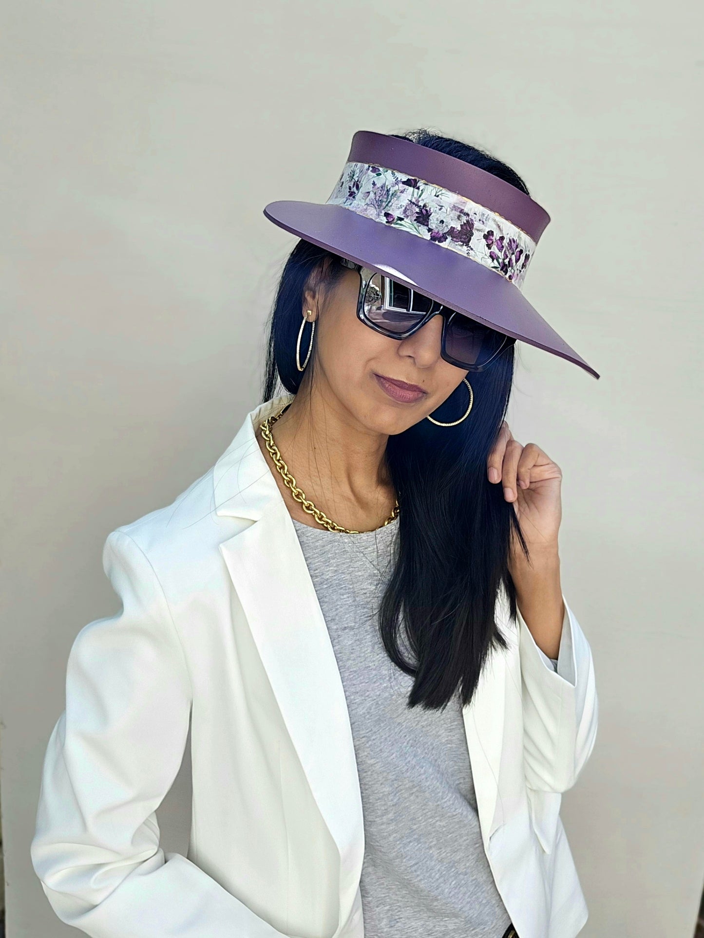 Trending Purple Audrey Foam Sun Visor Hat with Bold Purple Floral Band: 1950s, Walks, Brunch, Asian, Golf, Easter, Church, No Headache, Derby