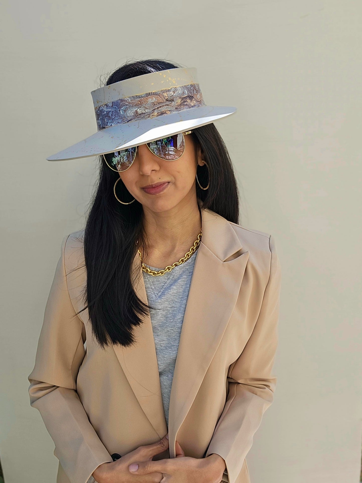 Truly Taupe Audrey Foam Sun Visor Hat with Marbled Grey Band and Gold Splatter Effect: 1940s, Walks, Brunch, Tea, Golf, Easter, Church, No Headache, Derby