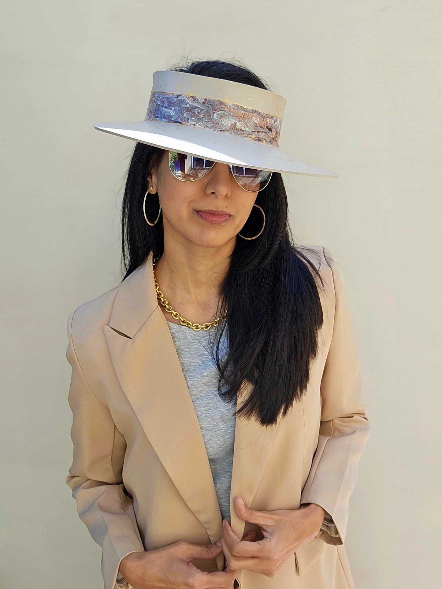 Truly Taupe Audrey Foam Sun Visor Hat with Marbled Grey Band and Gold Splatter Effect: 1940s, Walks, Brunch, Tea, Golf, Easter, Church, No Headache, Derby