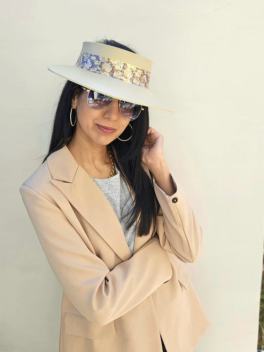 Beautiful Beige Audrey Foam Sun Visor Hat with Golden Floral Band: 1950s, Walks, Brunch, Asian, Golf, Easter, Church, No Headache, Derby