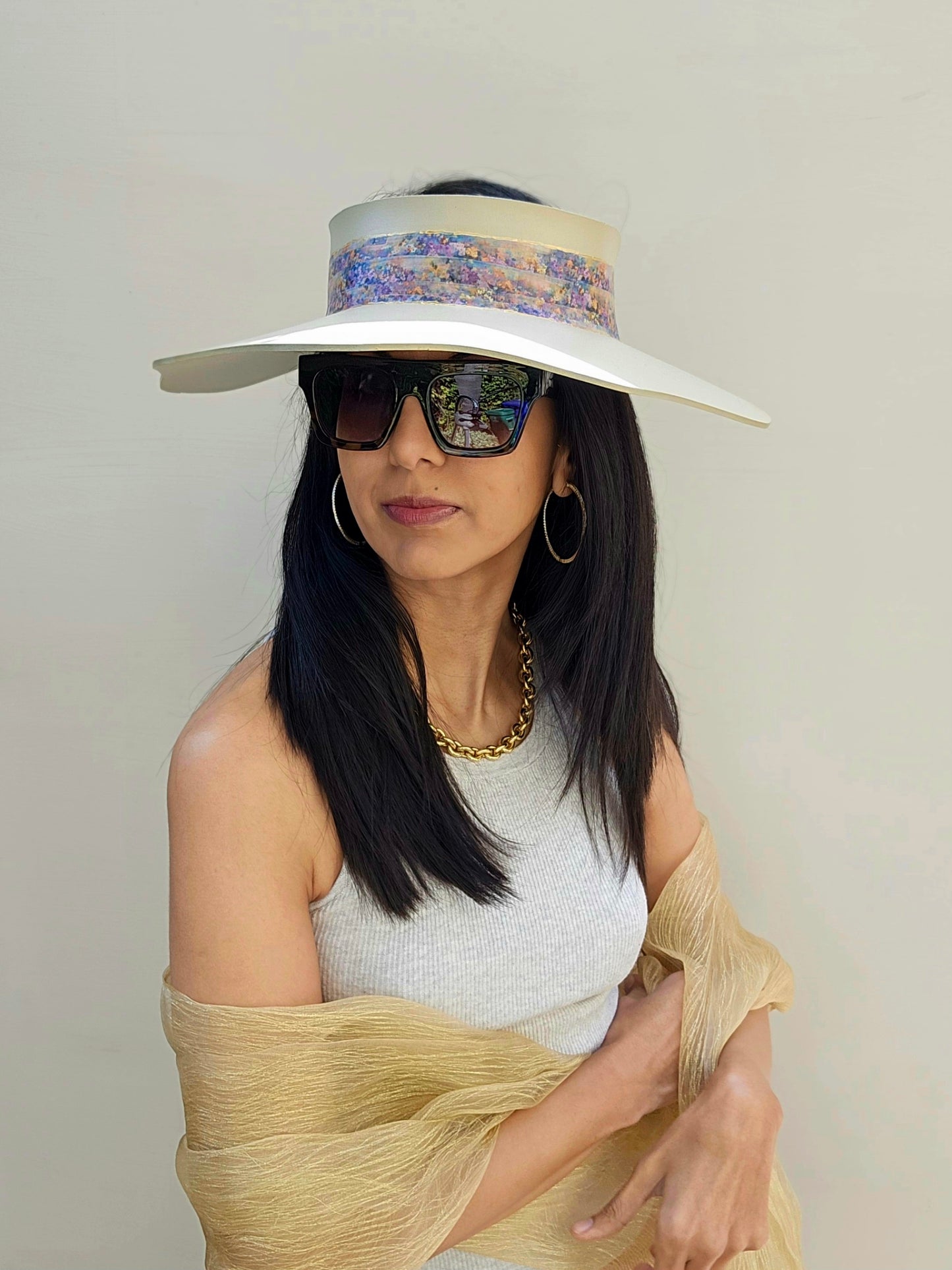 Beautiful Beige Lotus Foam Sun Visor Hat with Multi-Color Monet Style Band: 1950s, Walks, Brunch, Asian, Golf, Easter, Church, No Headache, Derby