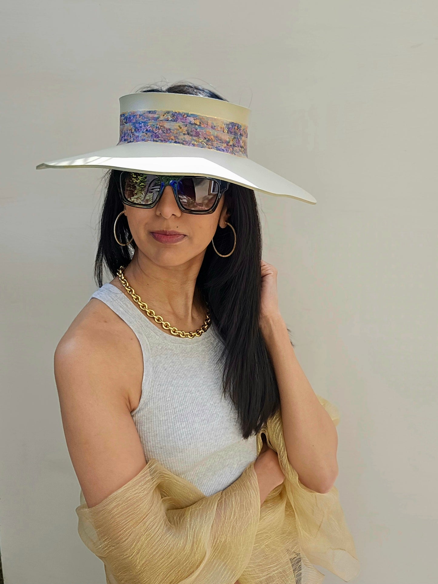 Beautiful Beige Lotus Foam Sun Visor Hat with Multi-Color Monet Style Band: 1950s, Walks, Brunch, Asian, Golf, Easter, Church, No Headache, Derby