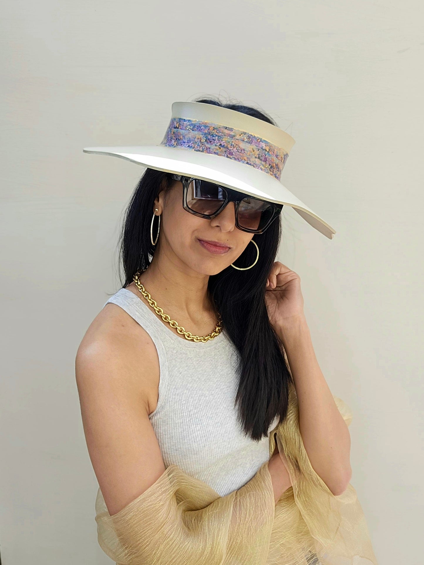 Beige Lotus Visor Hat with Multi-Color Monet Style Band