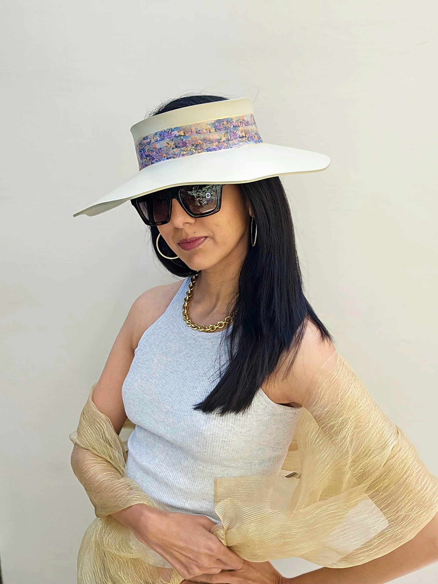 Beautiful Beige Lotus Foam Sun Visor Hat with Multi-Color Monet Style Band: 1950s, Walks, Brunch, Asian, Golf, Easter, Church, No Headache, Derby