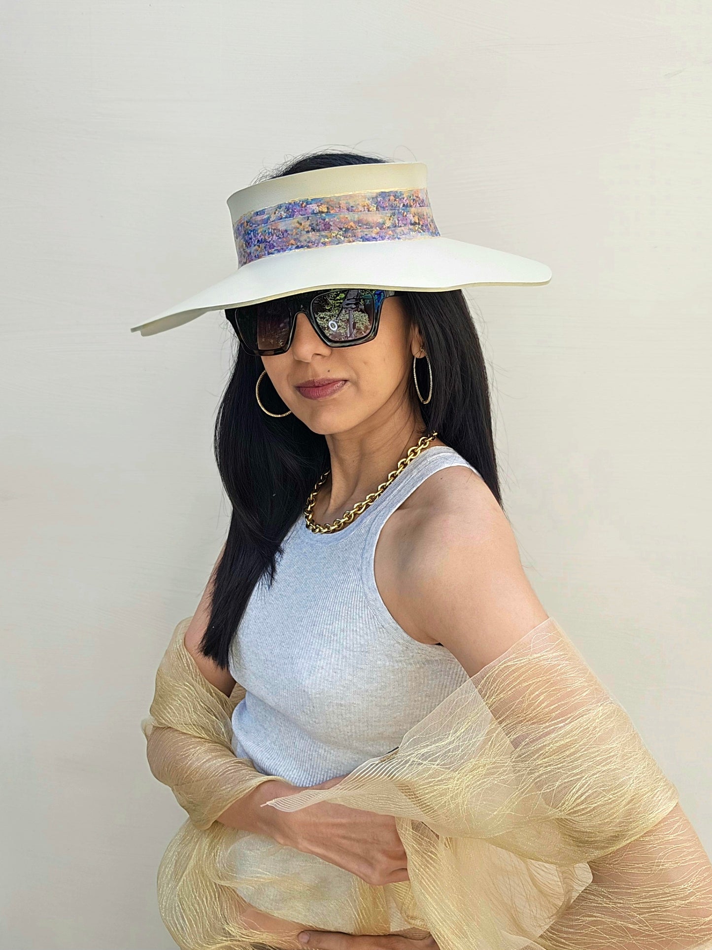 Beautiful Beige Lotus Foam Sun Visor Hat with Multi-Color Monet Style Band: 1950s, Walks, Brunch, Asian, Golf, Easter, Church, No Headache, Derby