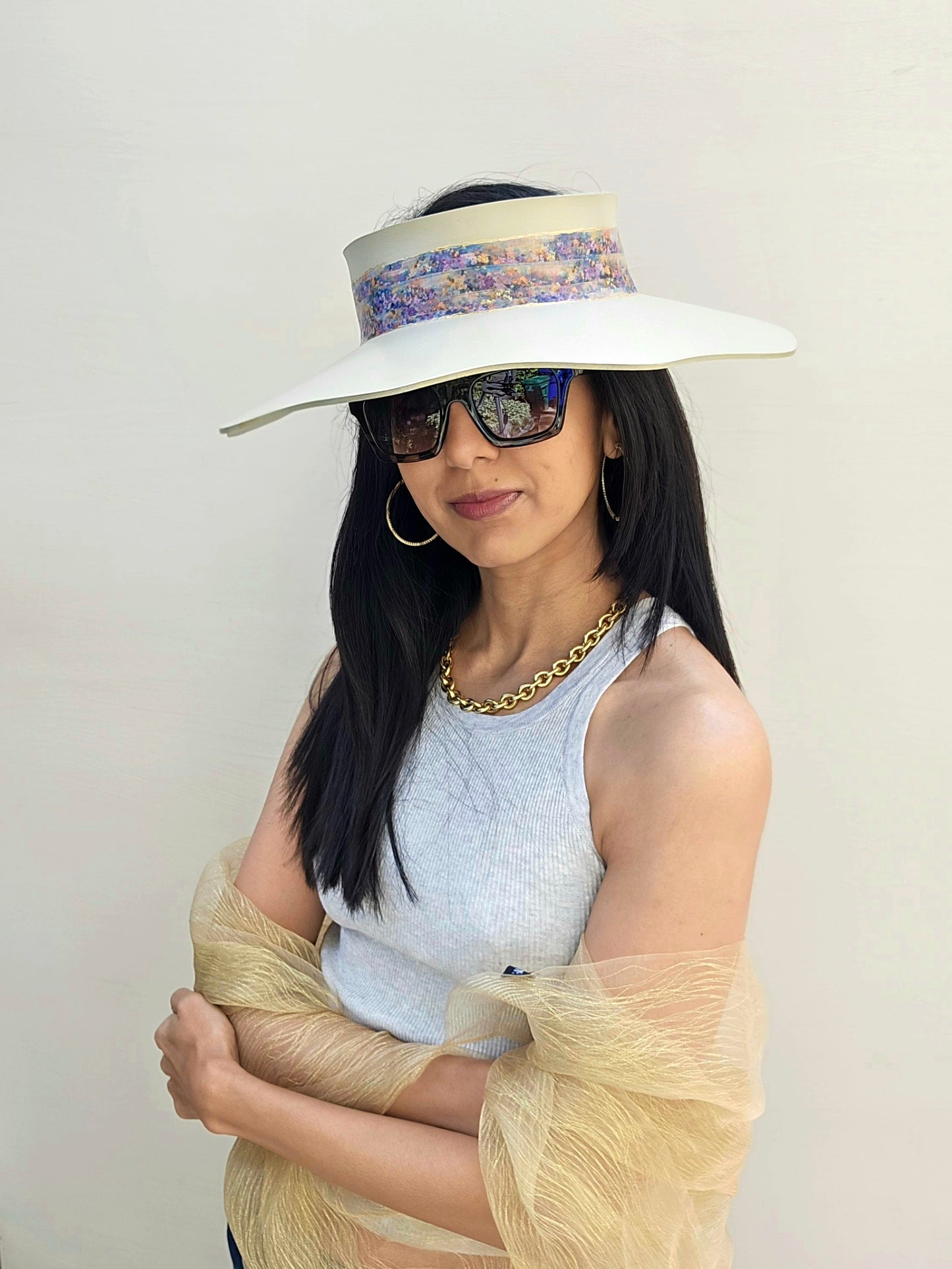 Beautiful Beige Lotus Foam Sun Visor Hat with Multi-Color Monet Style Band: 1950s, Walks, Brunch, Asian, Golf, Easter, Church, No Headache, Derby