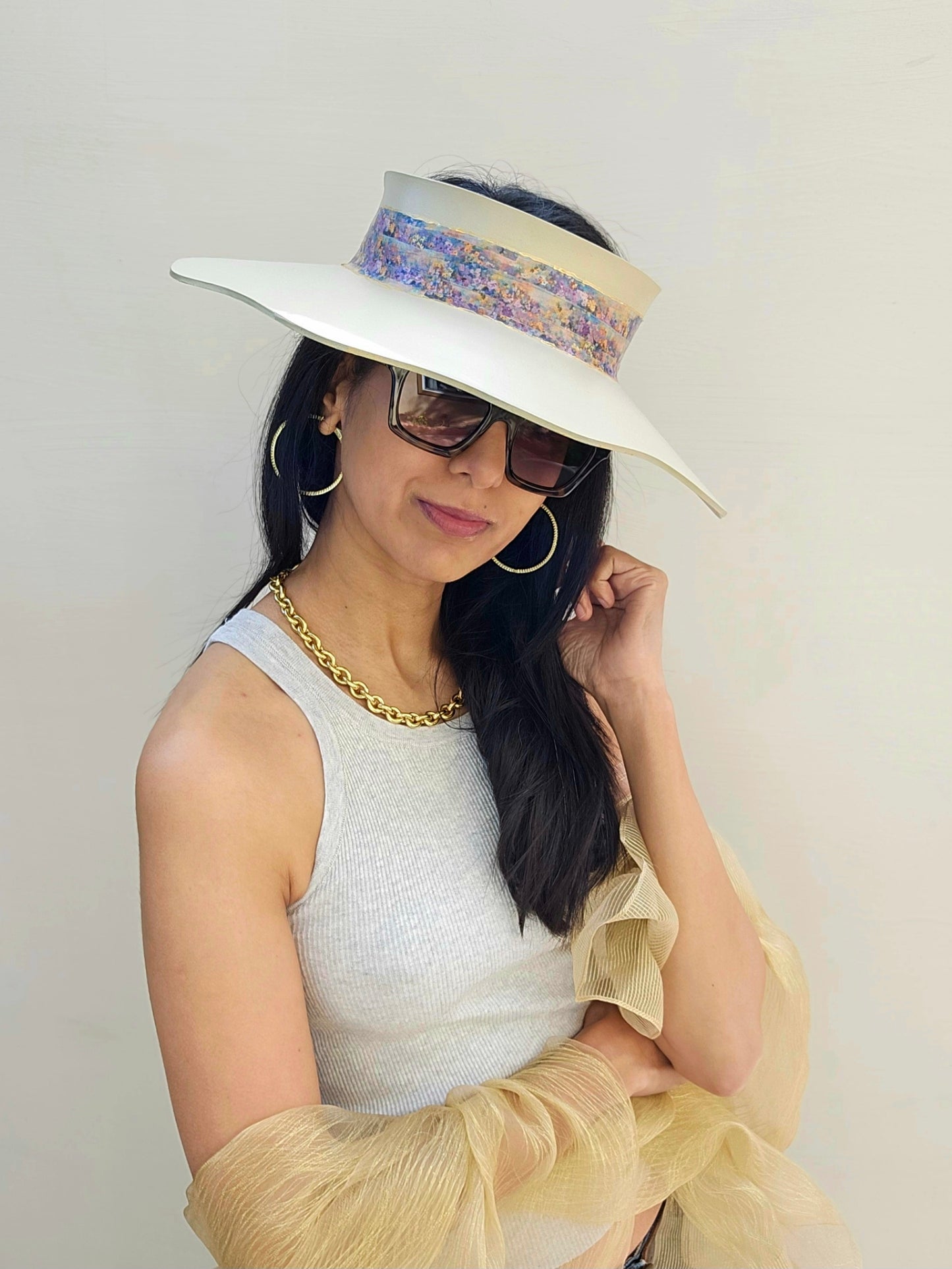 Beautiful Beige Lotus Foam Sun Visor Hat with Multi-Color Monet Style Band: 1950s, Walks, Brunch, Asian, Golf, Easter, Church, No Headache, Derby