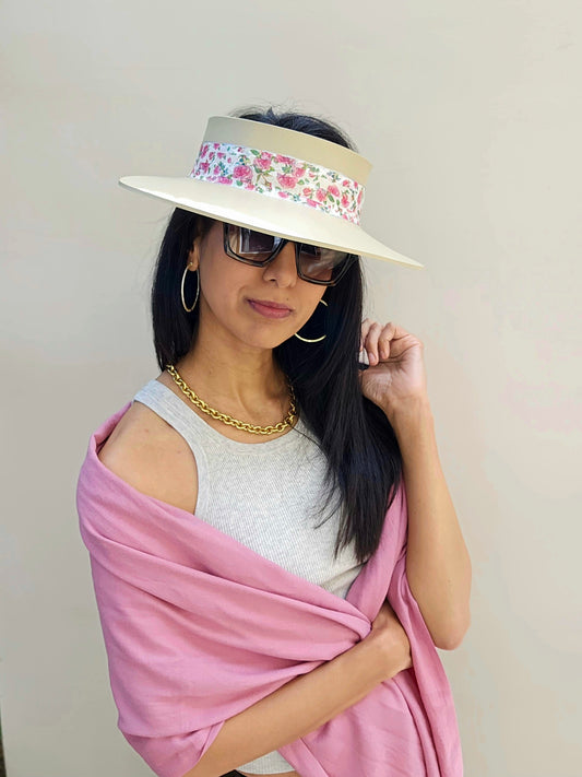 Beautiful Beige Audrey Foam Sun Visor Hat with Bright Pink Floral Band: 1940s, Walks, Brunch, Asian, Golf, Summer, Church, No Headache, Derby