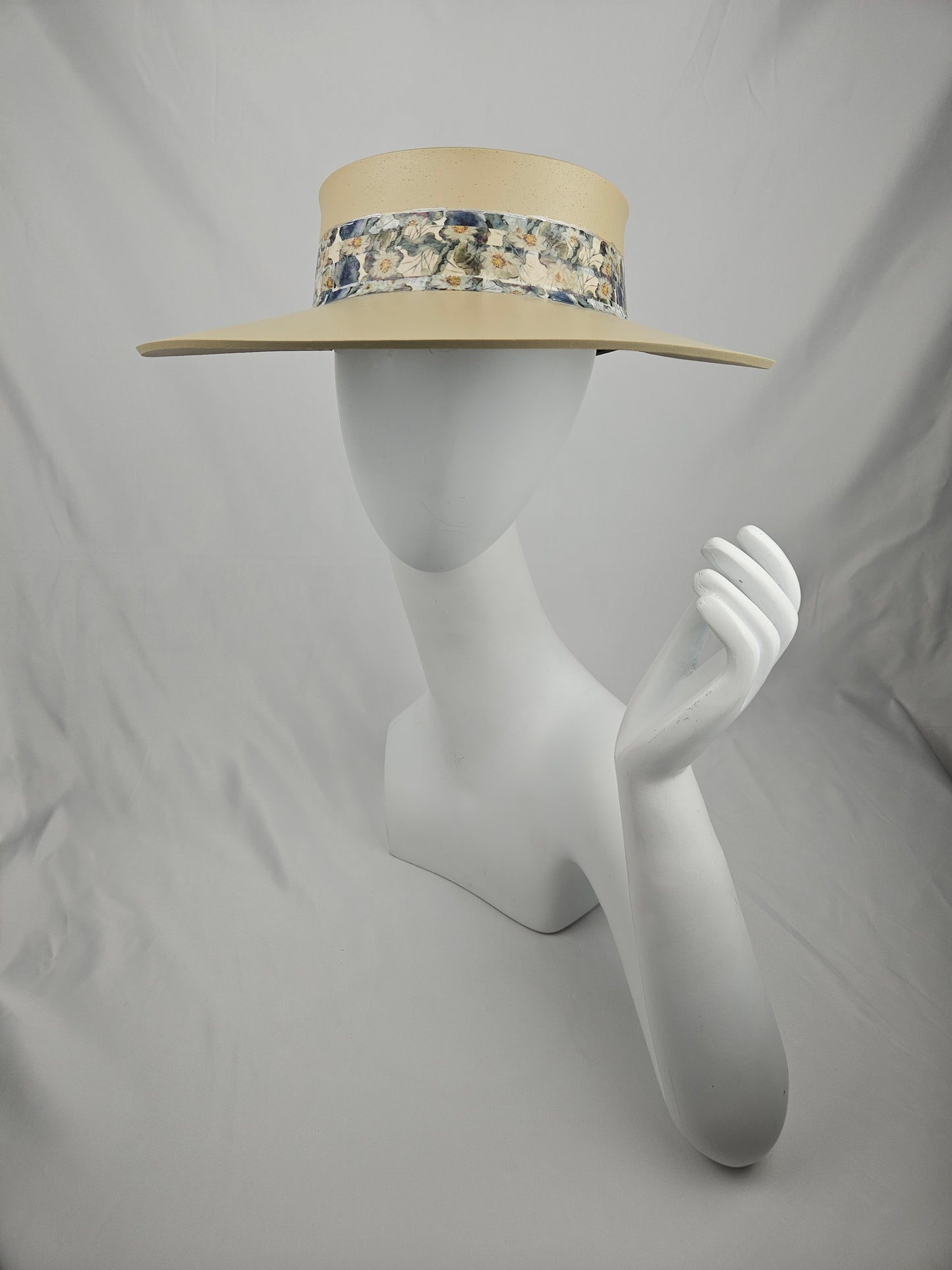Beautiful Beige Audrey Foam Sun Visor Hat with Beautiful Blue Floral Band: 1950s, Walks, Brunch, Tea, Golf, Wedding, Church, No Headache, Derby