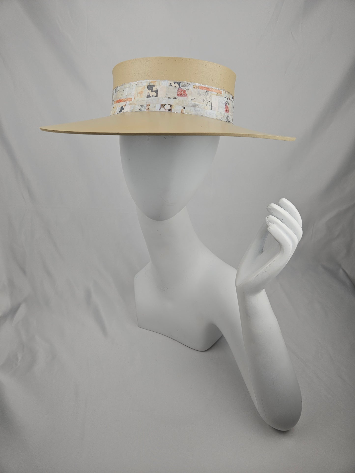Beautiful Beige Audrey Foam Sun Visor Hat with Cute Vintage Floral Collage Band: 1950s, Walks, Brunch, Tea, Golf, Wedding, Church, No Headache, Pool