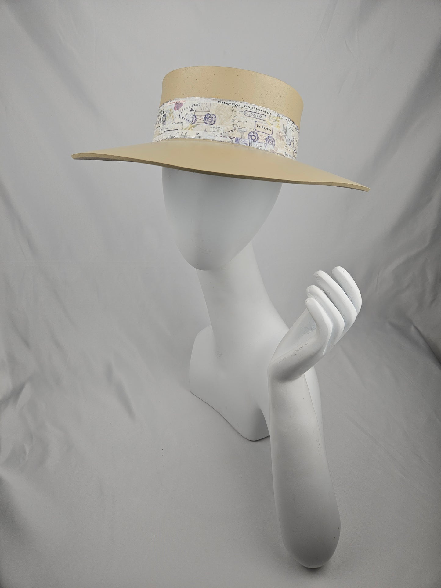 Beautiful Beige Audrey Foam Sun Visor Hat with Elegant Vintage Collage Band: 1950s, Walks, Brunch, Tea, Golf, Wedding, Church, No Headache, Beach