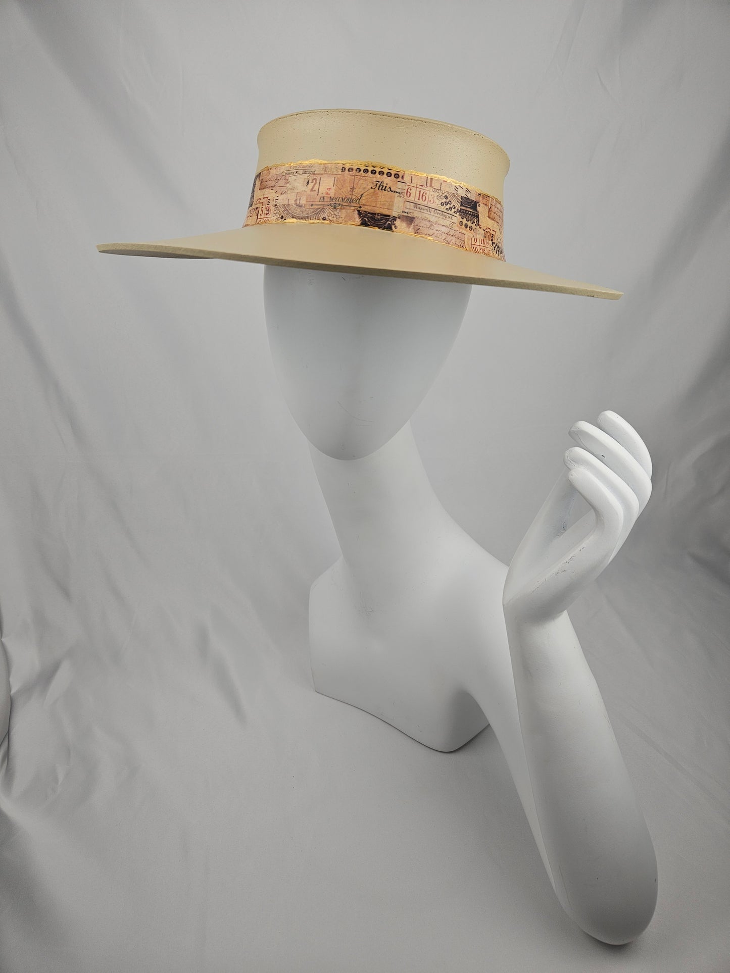 Beautiful Beige Audrey Foam Sun Visor Hat with Elegant Vintage Typeography Themed Collage Band: 1950s, Walks, Brunch, Tea, Golf, Wedding, Church, No Headache, Pool