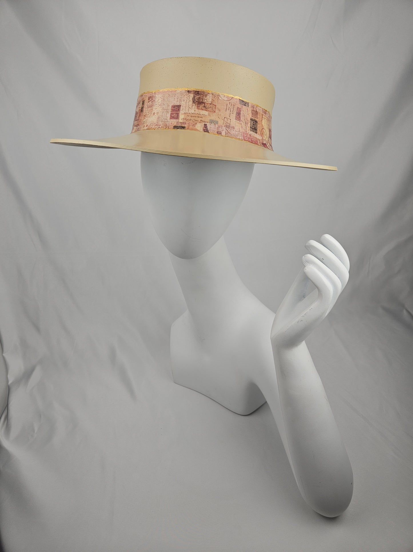 Tall Beautiful Beige Audrey Foam Sun Visor Hat with Stylish Vintage Collage Band: 1950s, Walks, Brunch, Tea, Golf, Wedding, Church, No Headache, Easter