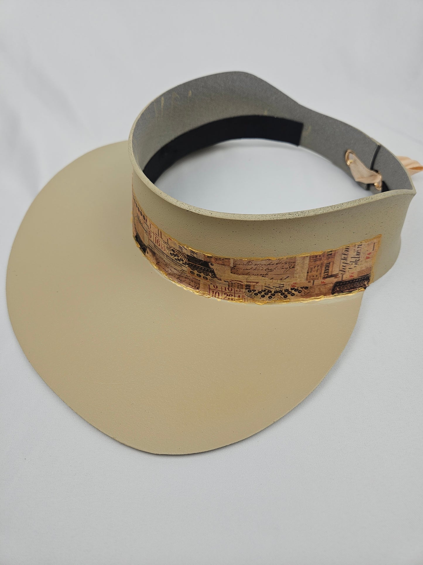 Beautiful Beige Audrey Foam Sun Visor Hat with Elegant Vintage Typeography Themed Collage Band: 1950s, Walks, Brunch, Tea, Golf, Wedding, Church, No Headache, Pool