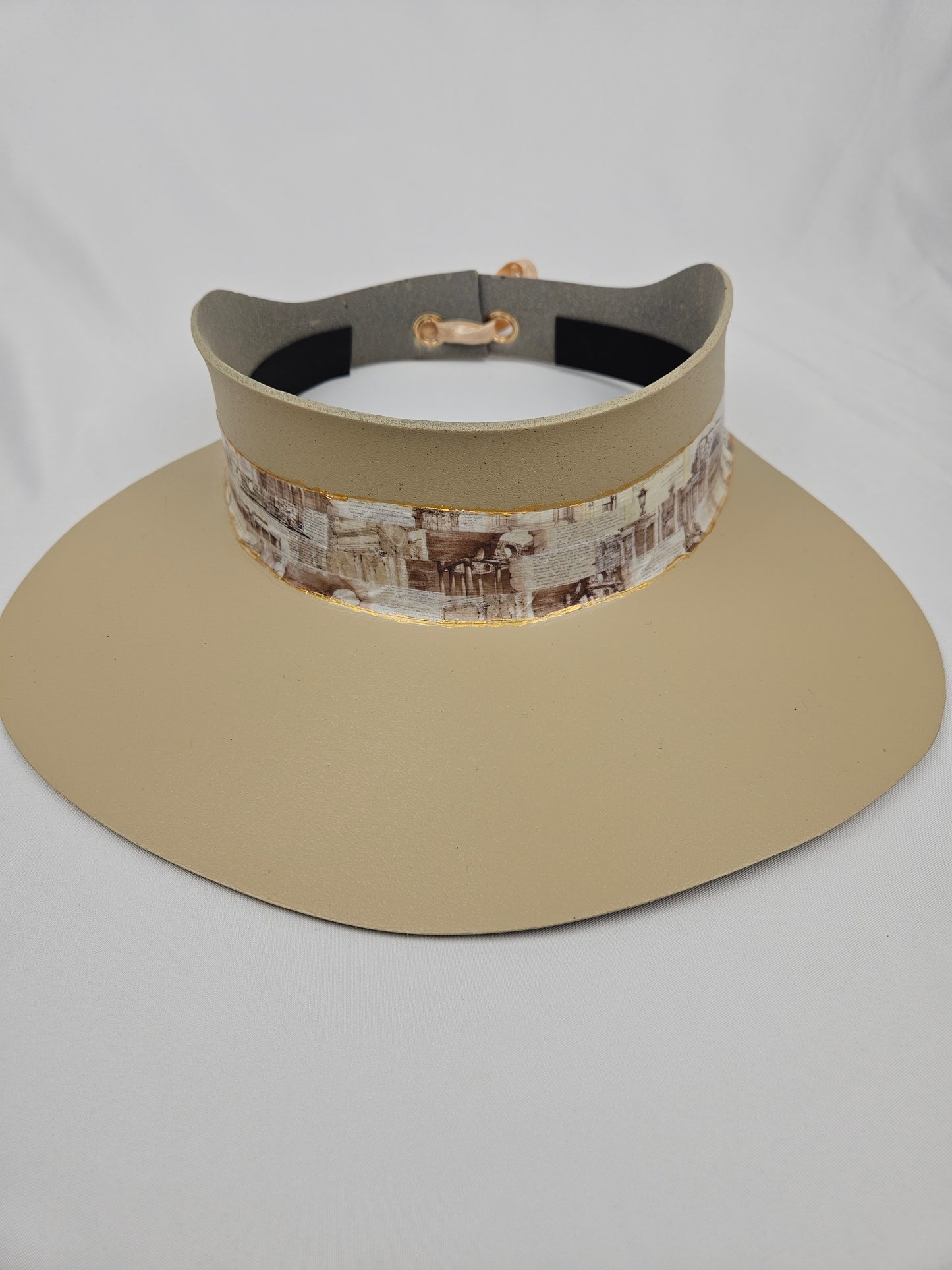 Beautiful Beige Audrey Foam Sun Visor Hat with Elegant Architectural Collage Band: 1940s, Walks, Brunch, Tea, Golf, Wedding, Church, No Headache, Swim