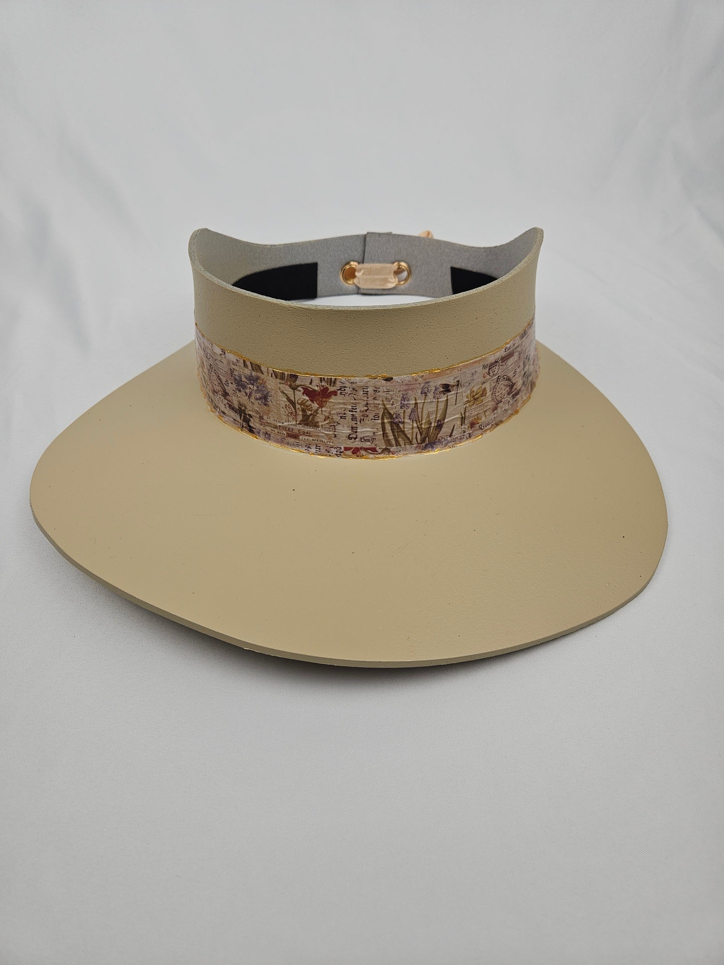 Tall Beautiful Beige Audrey Foam Sun Visor Hat with Stylish Vintage Botanical Collage Band: 1950s, Walks, Brunch, Tea, Golf, Wedding, Church, No Headache, Easter, Pool