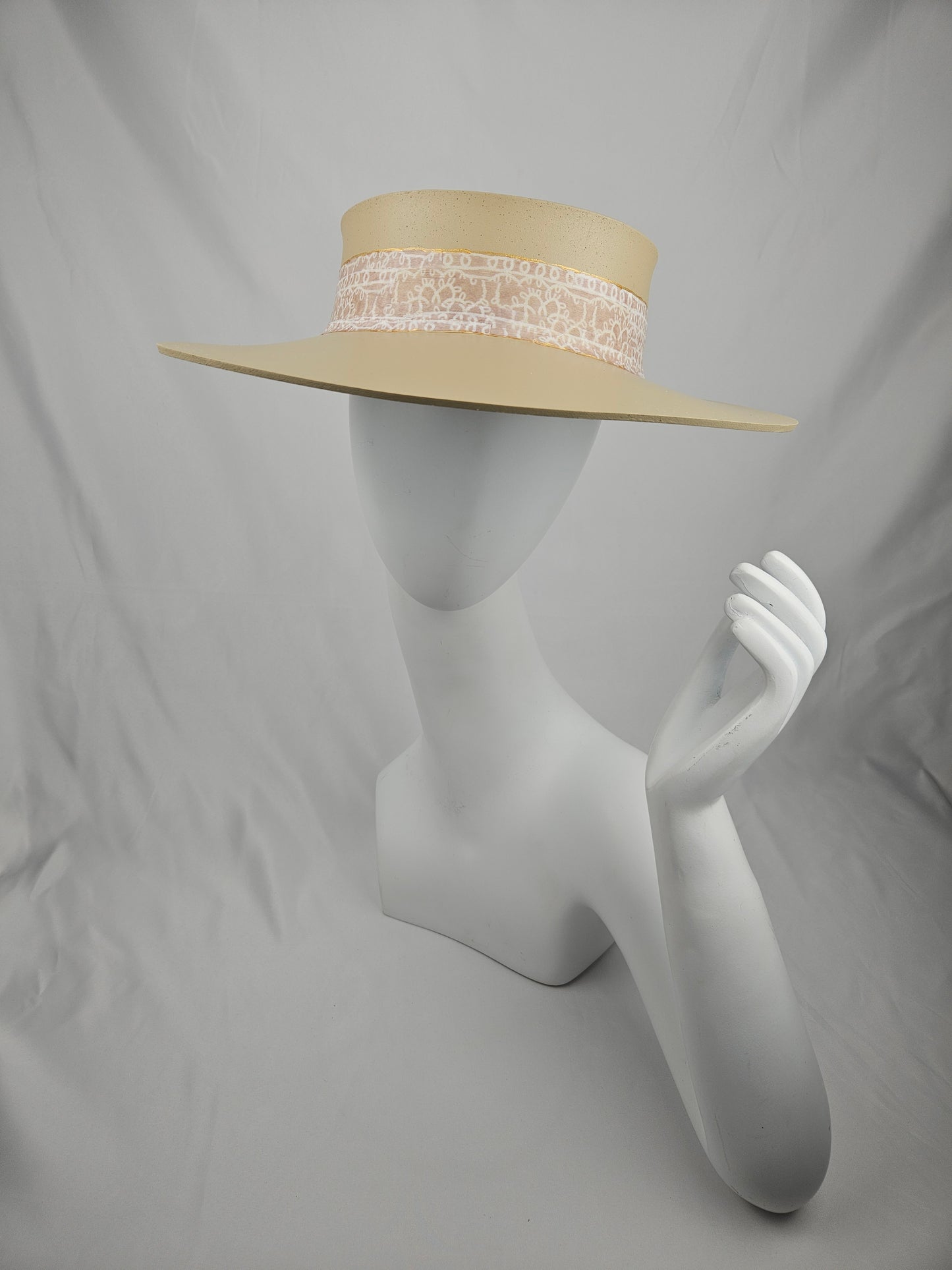 Beautiful Beige Audrey Foam Sun Visor Hat with Cute Graphic Line Band: 1940s, Walks, Brunch, Tea, Golf, Wedding, Church, No Headache, Summer, Pool