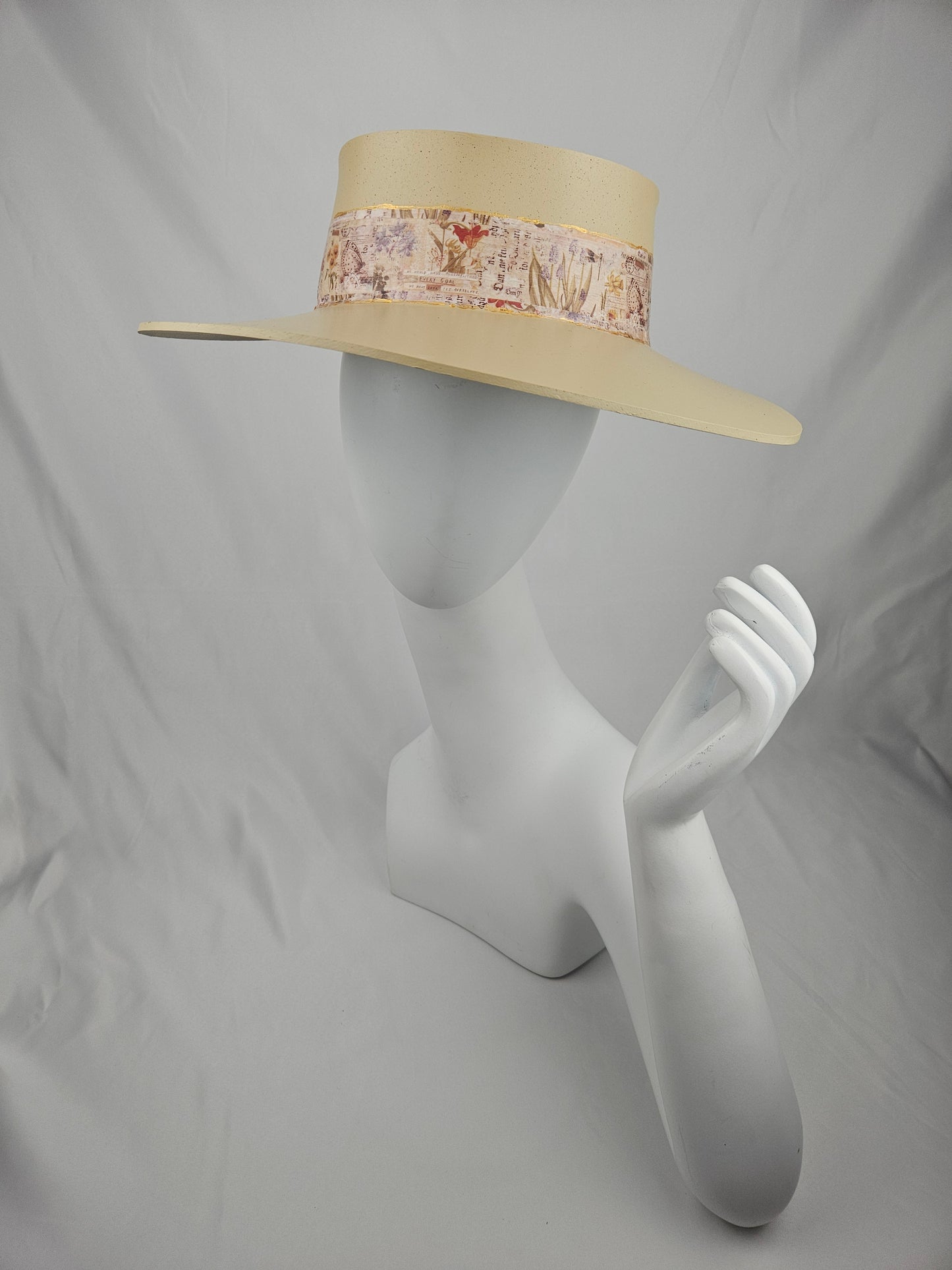 Tall Beautiful Beige Audrey Foam Sun Visor Hat with Stylish Vintage Botanical Collage Band: 1950s, Walks, Brunch, Tea, Golf, Wedding, Church, No Headache, Easter, Pool