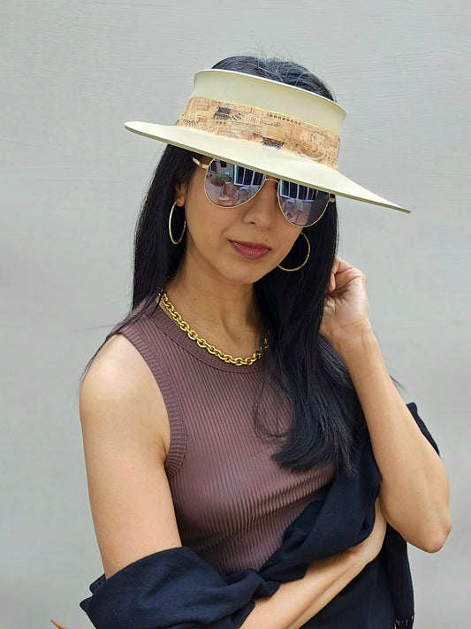 Beige "LadyEVA" Visor Hat with Vintage Collage Band