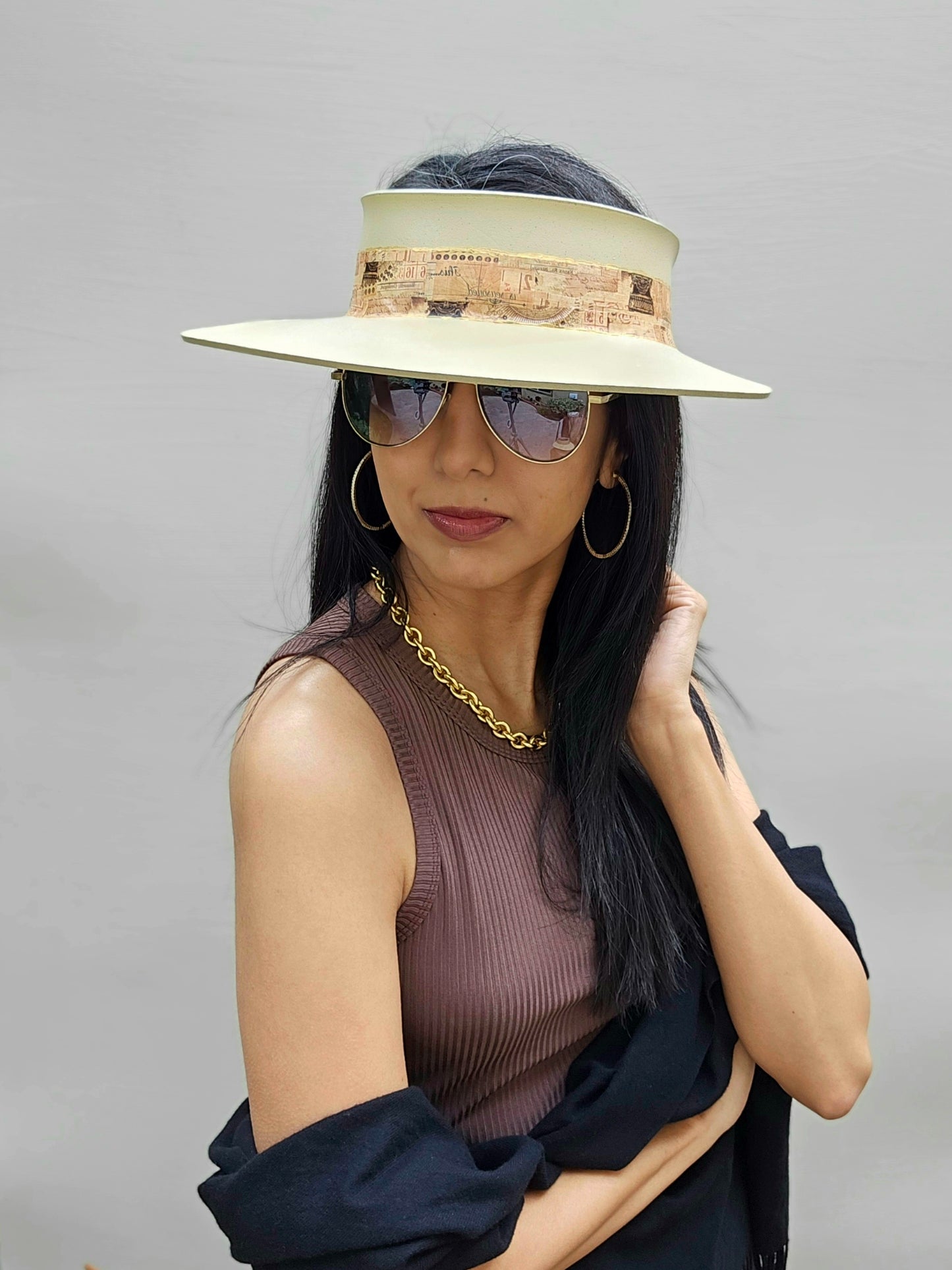 Beige "LadyEVA" Visor Hat with Vintage Collage Band