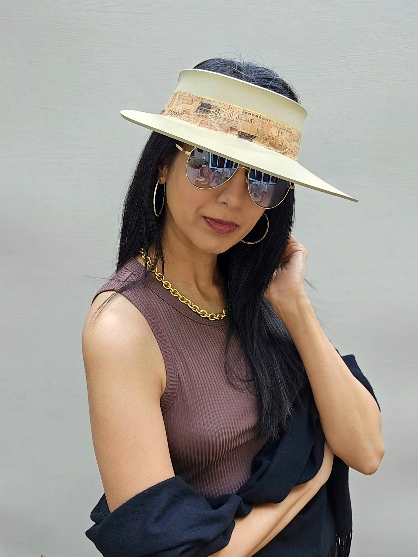 Beige "LadyEVA" Visor Hat with Vintage Collage Band