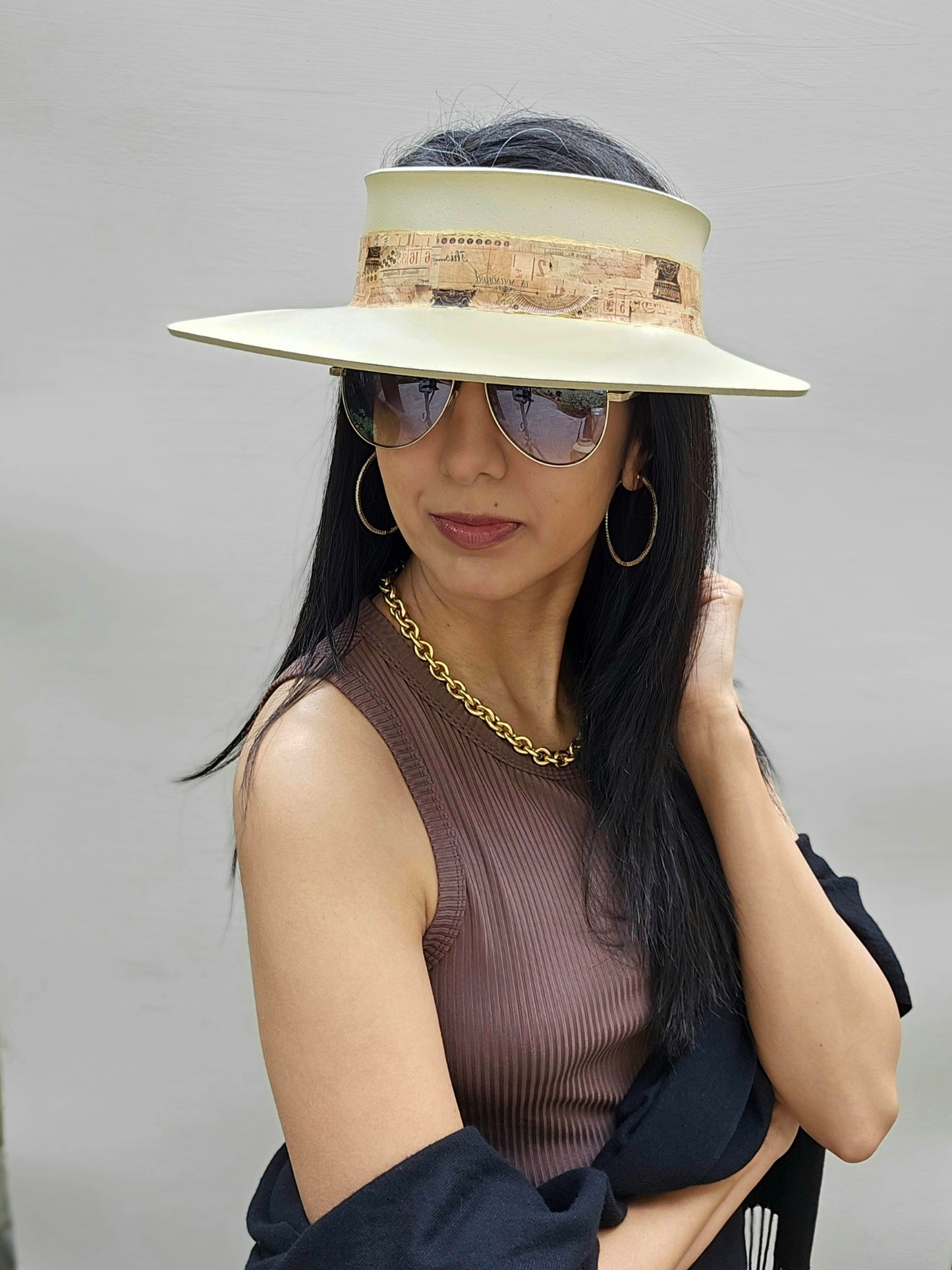 Beautiful Beige Audrey Foam Sun Visor Hat with Elegant Vintage Typeography Themed Collage Band: 1950s, Walks, Brunch, Tea, Golf, Wedding, Church, No Headache, Pool