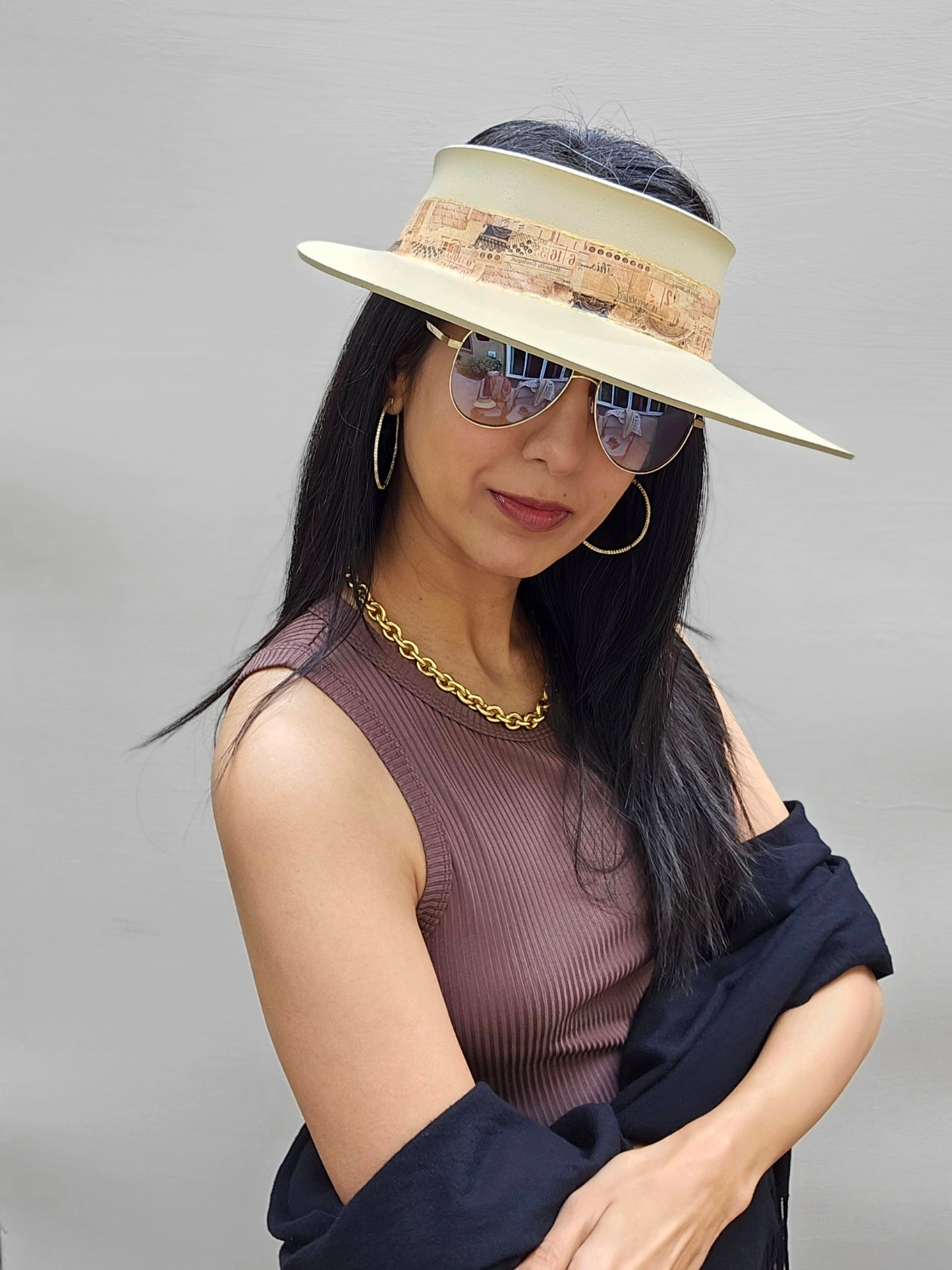 Beige "LadyEVA" Visor Hat with Vintage Collage Band